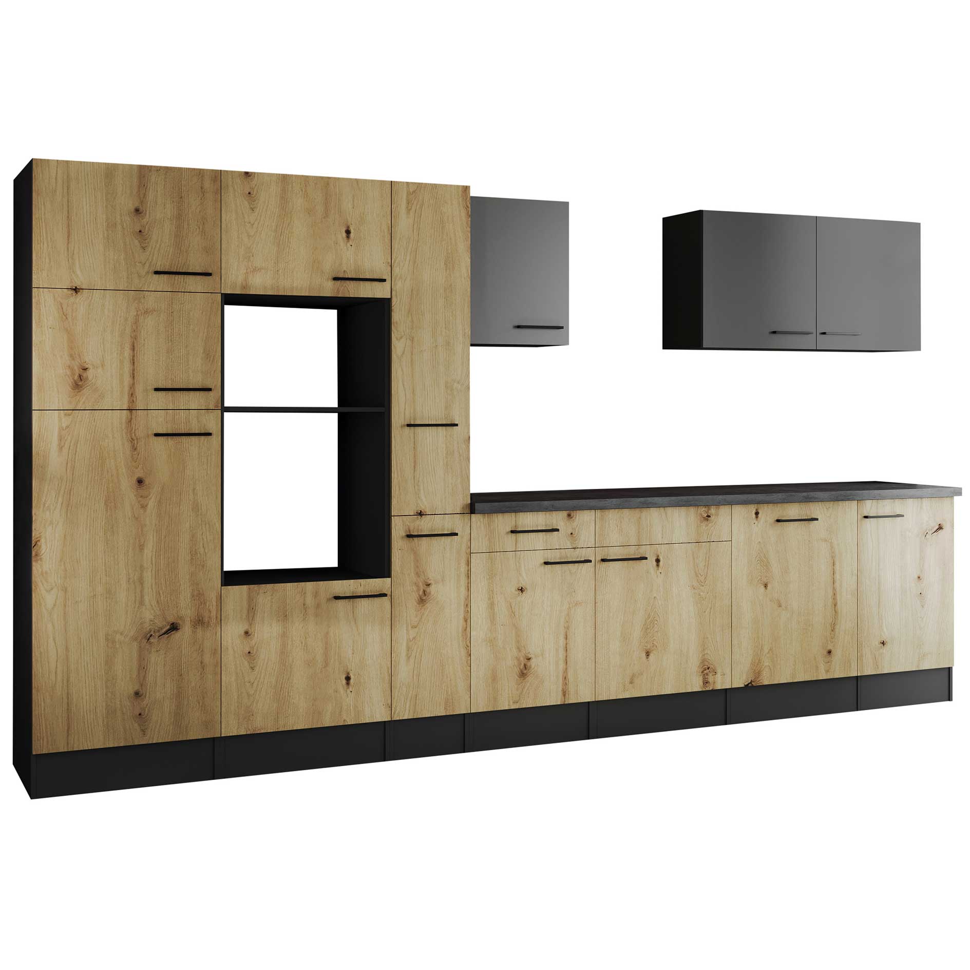 RESPEKTA Küchenblock OLIVER - Artisan Eiche - grau matt - 370 cm