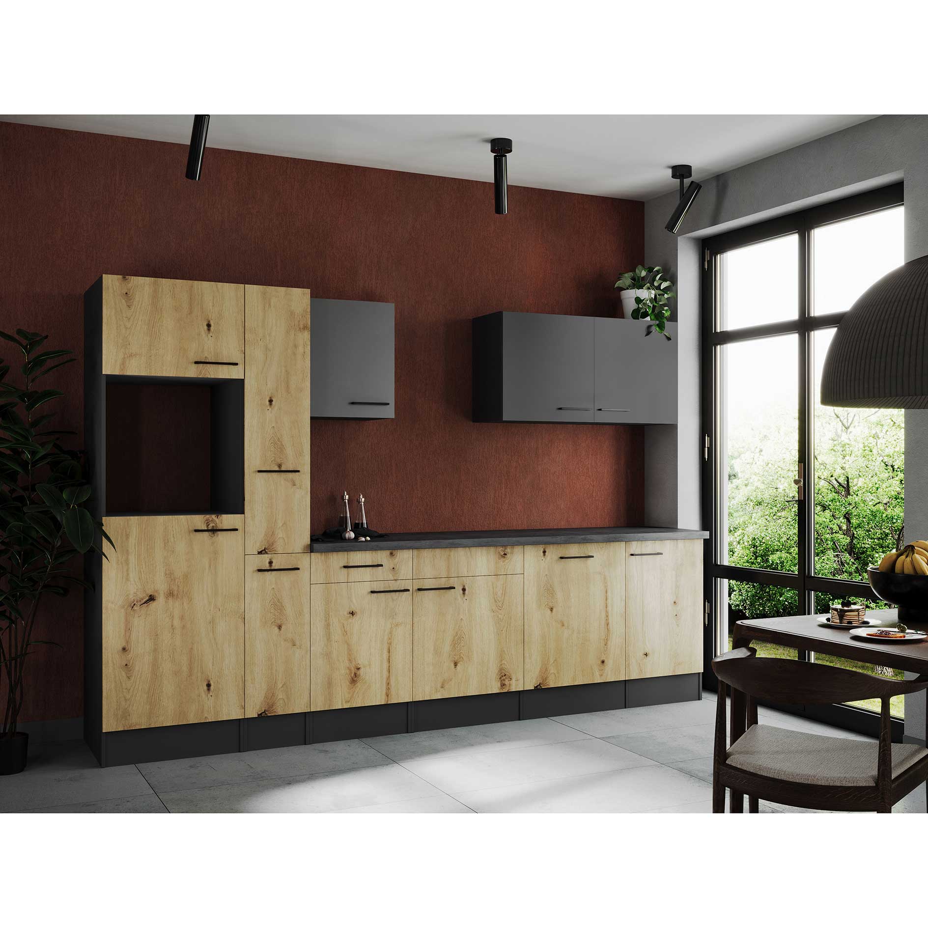 RESPEKTA Küchenblock OLIVER - grau matt - Artisan Eiche - 310 cm