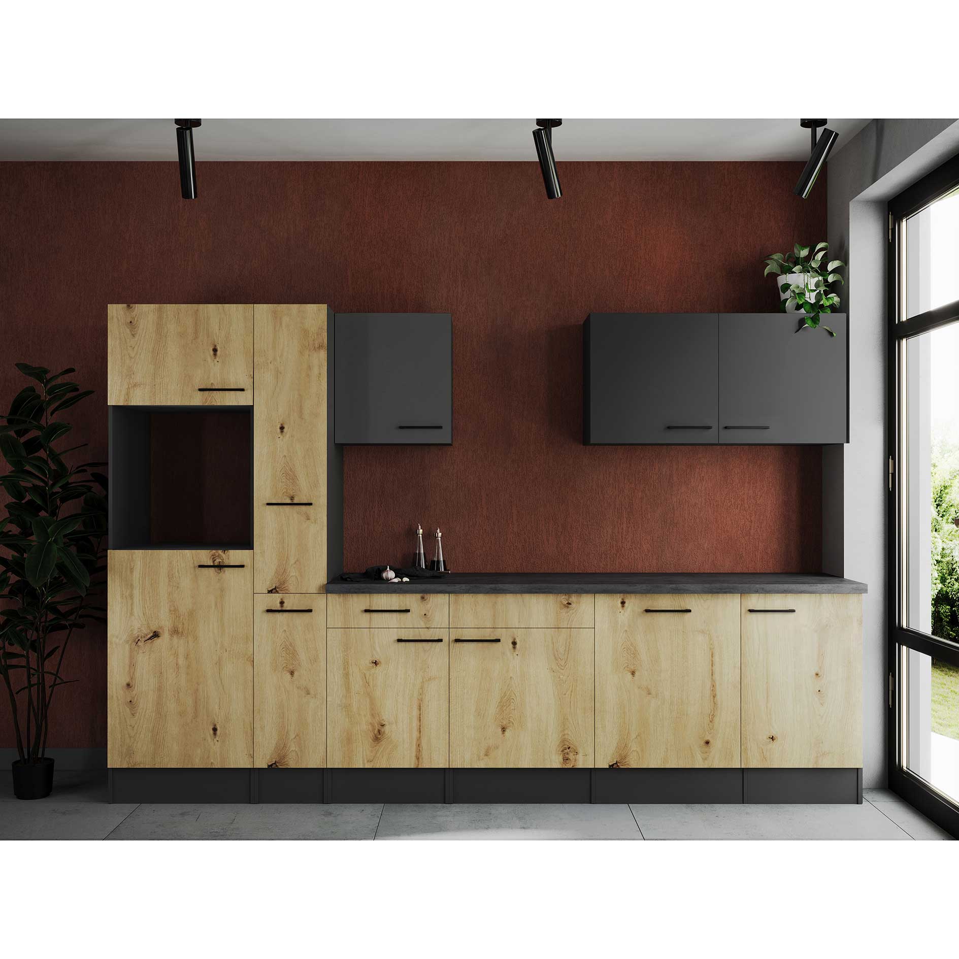 RESPEKTA Küchenblock OLIVER - grau matt - Artisan Eiche - 310 cm