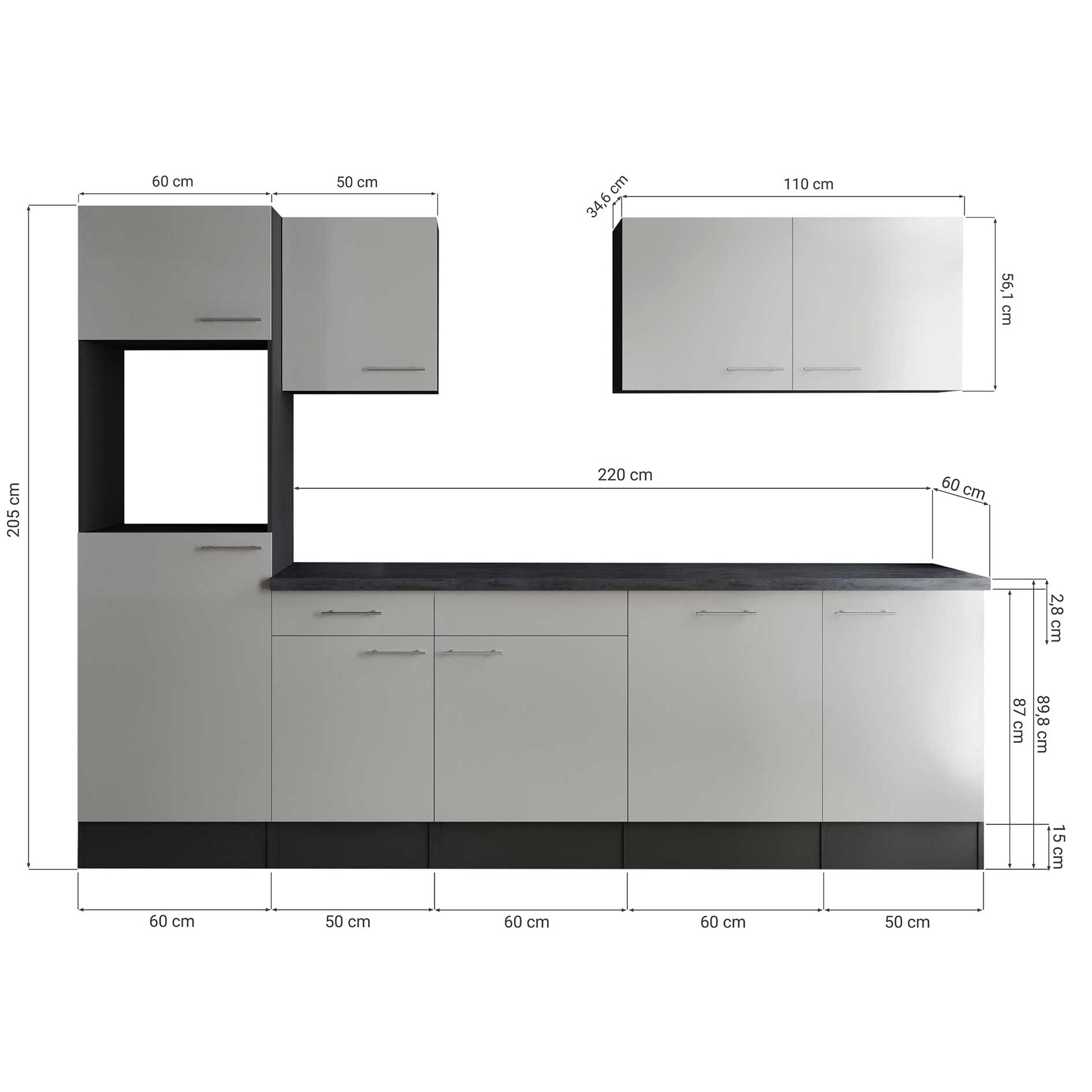 RESPEKTA Küchenblock OLIVER - grau Seidenglanz - grau matt - 280 cm