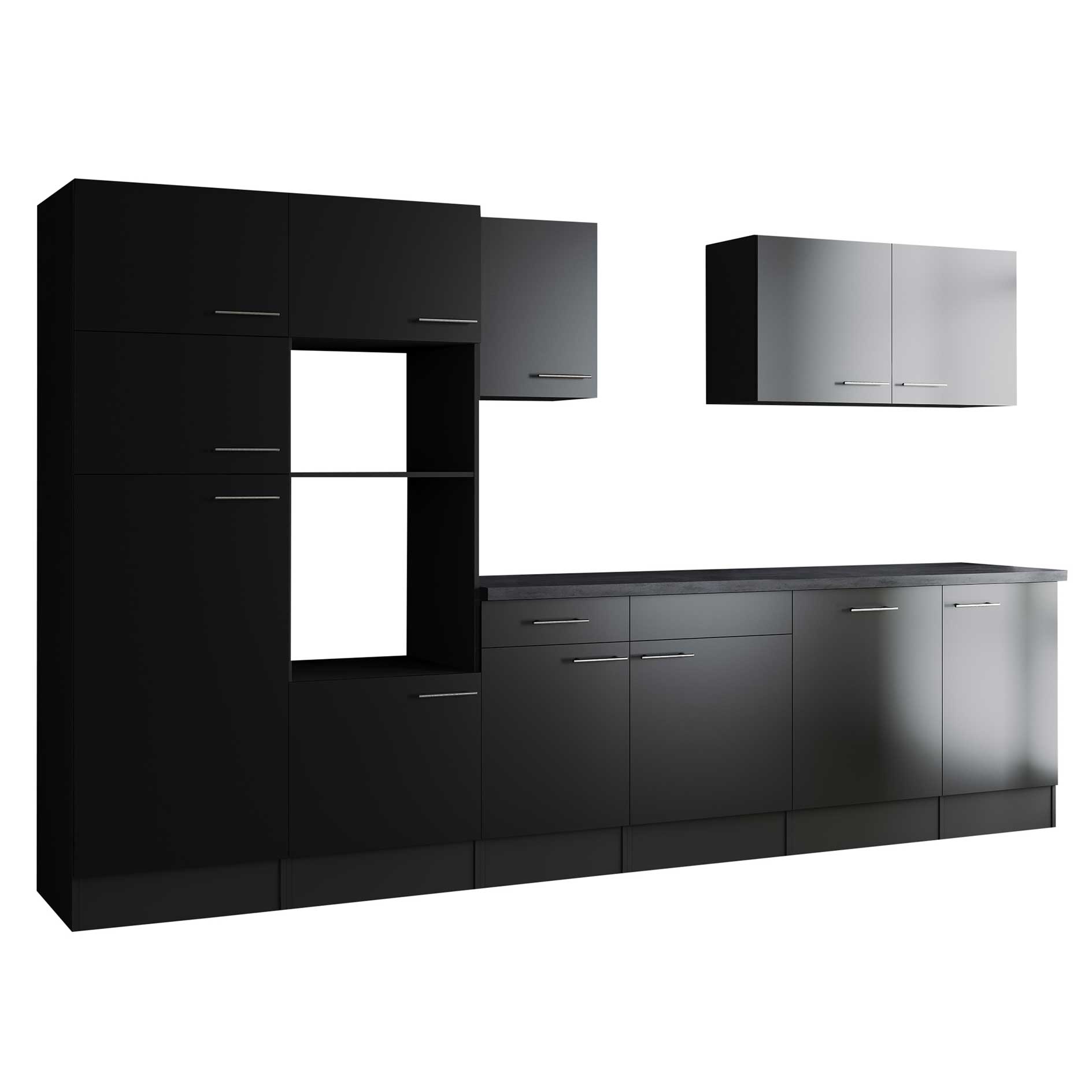 RESPEKTA Küchenblock OLIVER - schwarz Seidenglanz - grau matt - 340 cm