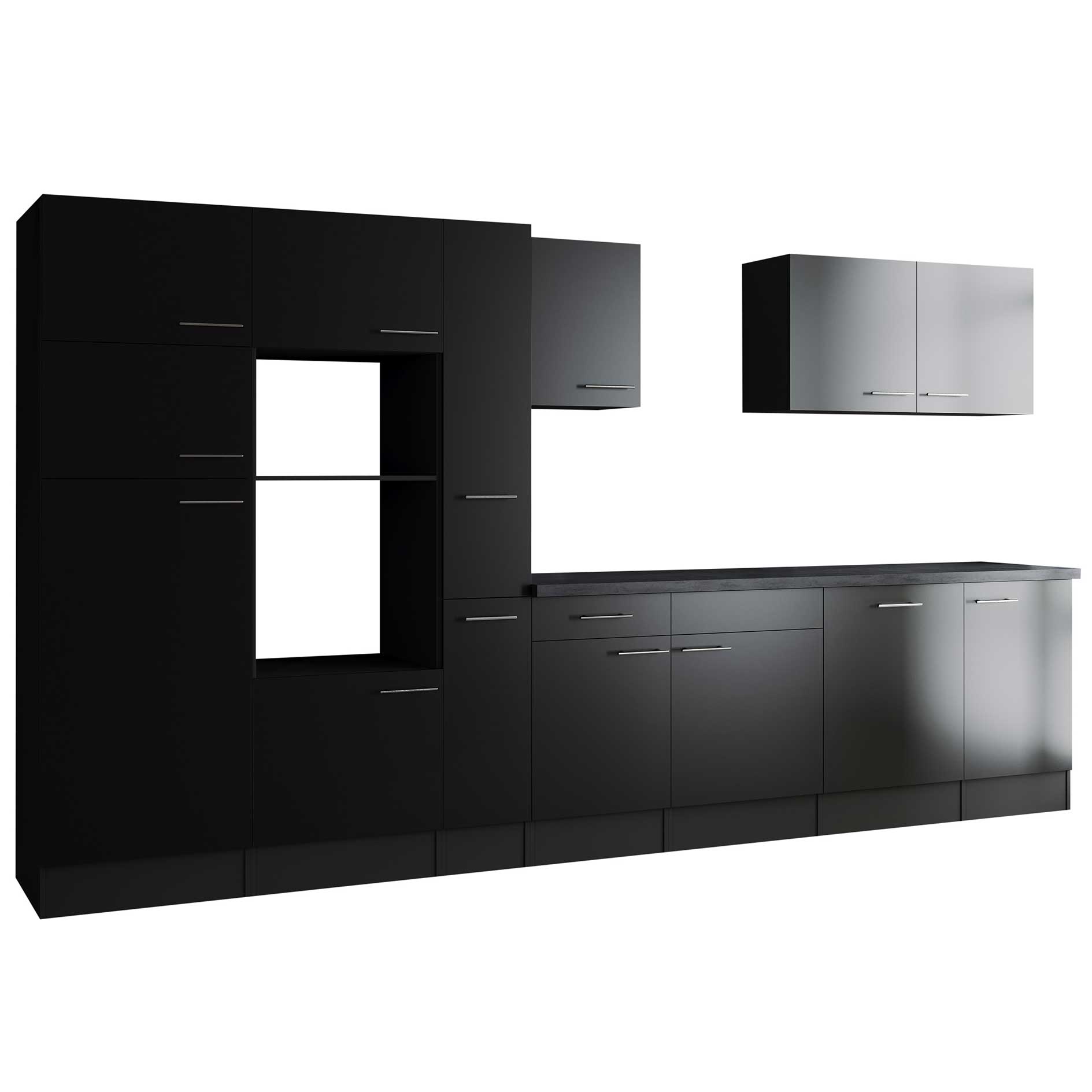 RESPEKTA Küchenblock OLIVER - schwarz Seidenglanz - grau matt - 370 cm