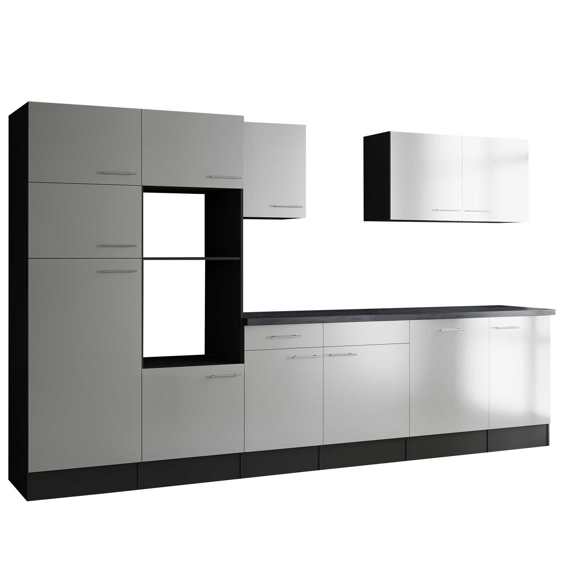 RESPEKTA Küchenblock OLIVER - weiß Seidenglanz - grau matt - 340 cm