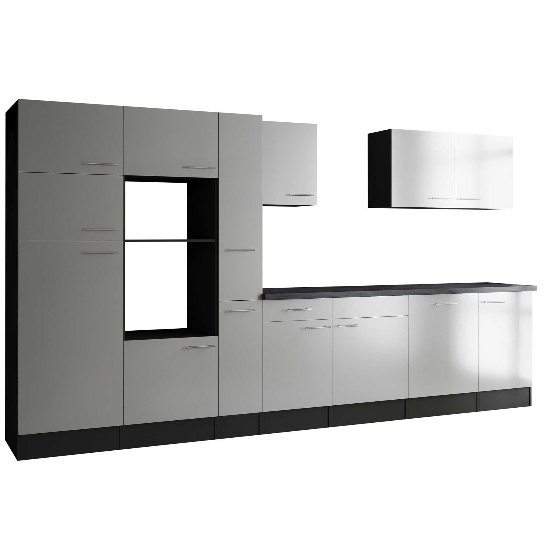 RESPEKTA Küchenblock OLIVER - weiß Seidenglanz - grau matt - 370 cm