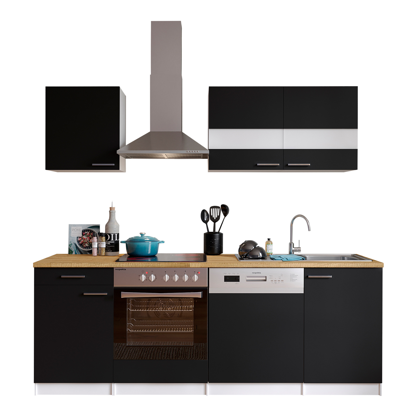 RESPEKTA Küchenblock - schwarz - mit E-Geräten - 220 cm