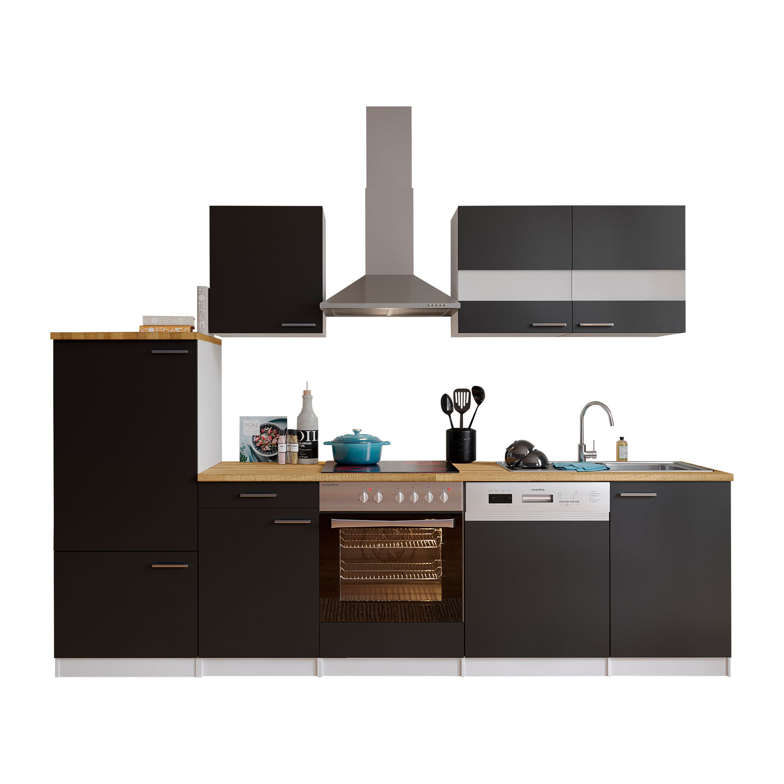 RESPEKTA Küchenblock - schwarz - mit E-Geräten - 280 cm