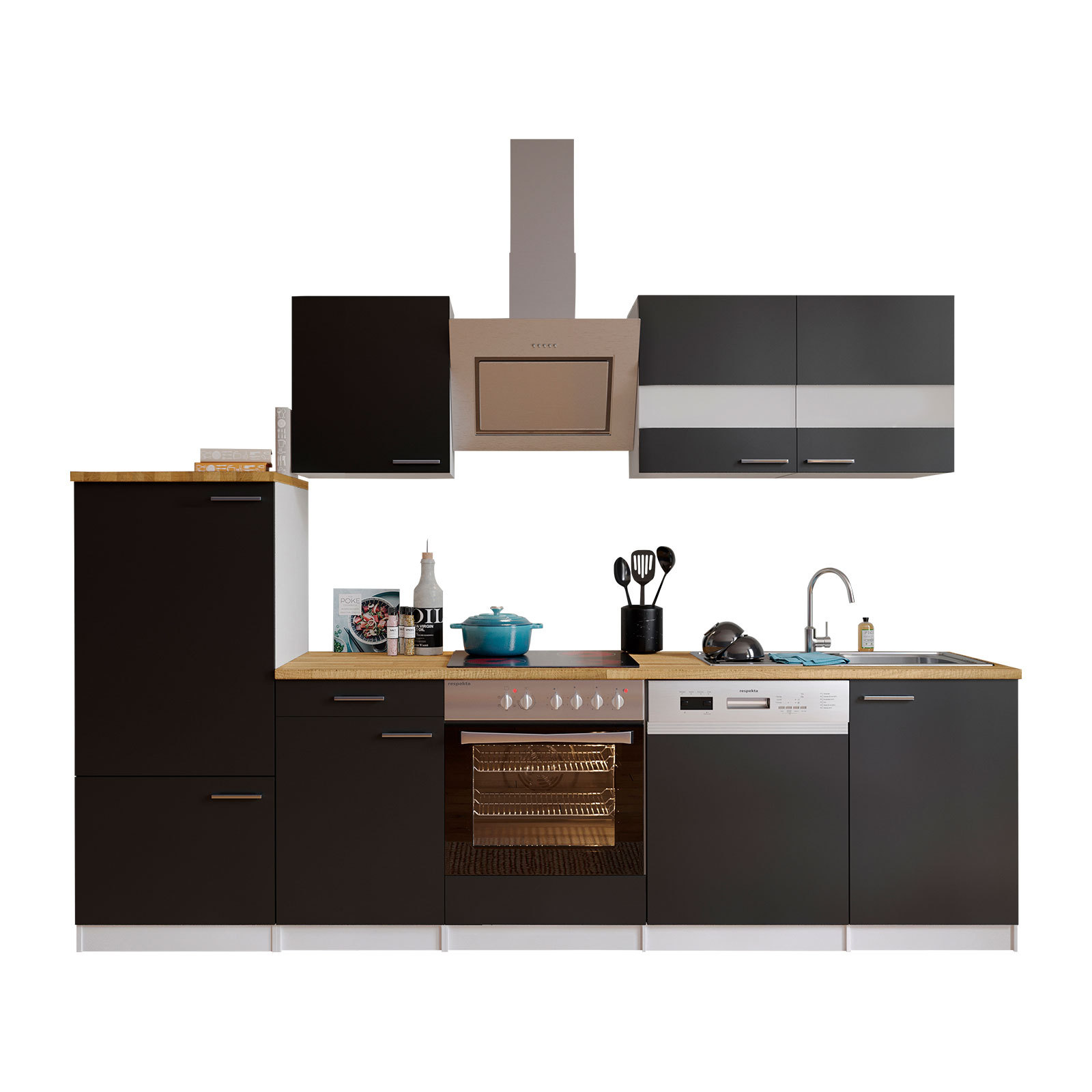 RESPEKTA Küchenblock - schwarz - mit E-Geräten - 280 cm