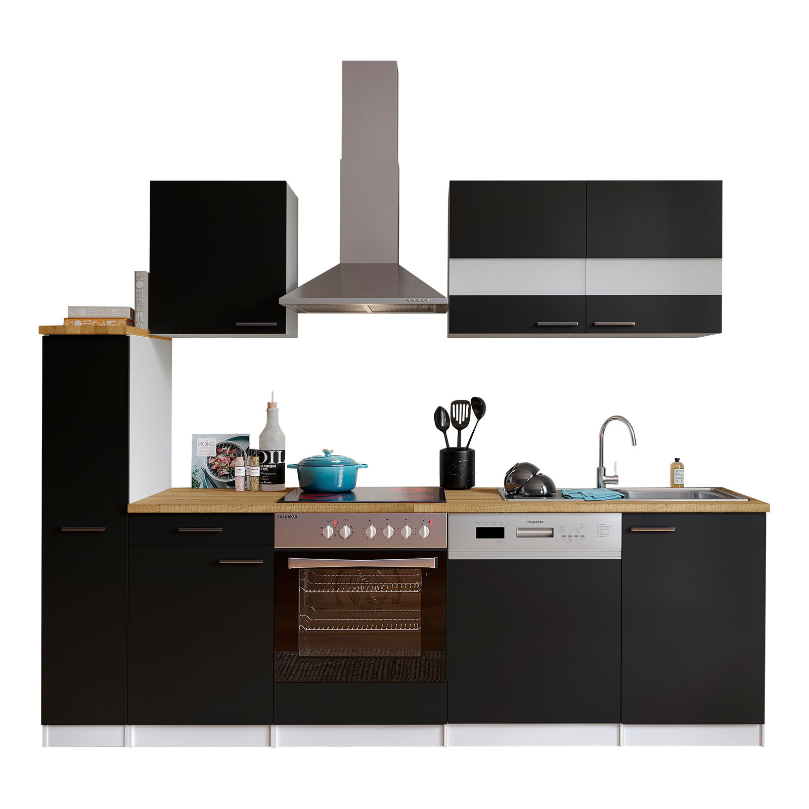 RESPEKTA Küchenblock - schwarz-weiß - mit E-Geräten - 250 cm