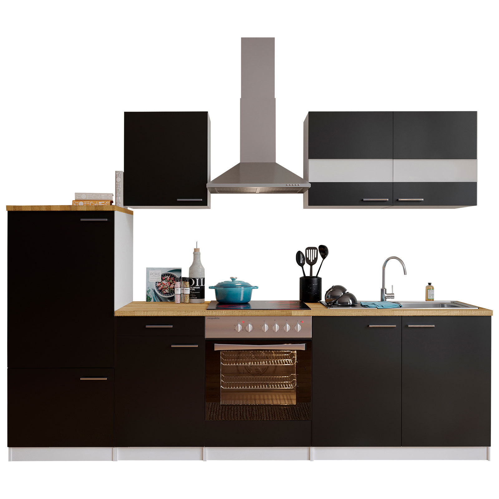 RESPEKTA Küchenblock - schwarz-weiß - mit E-Geräten - 270 cm
