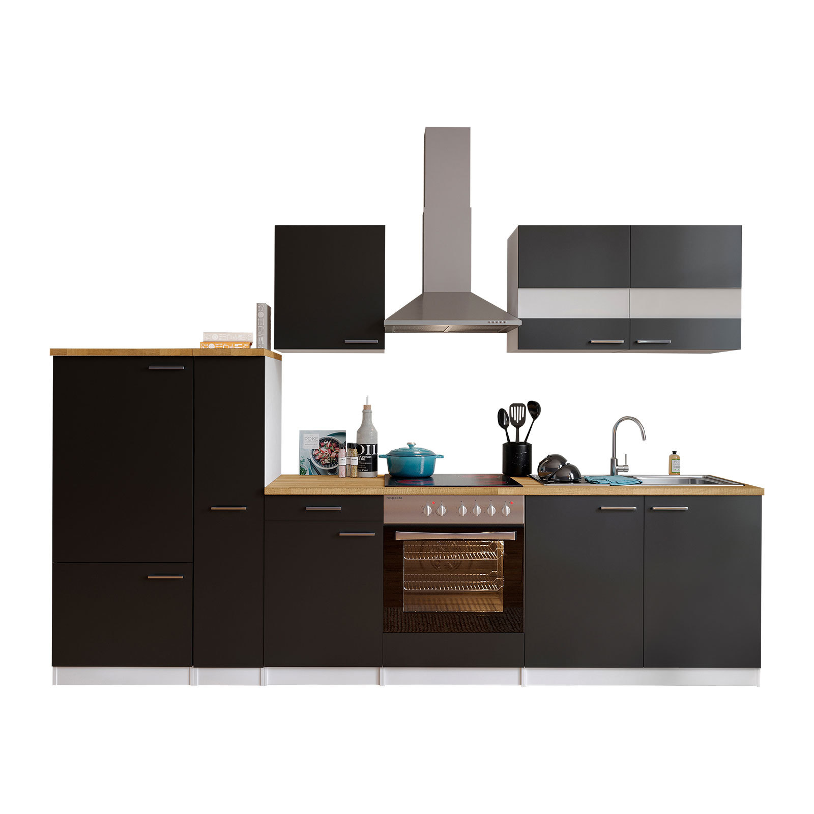 RESPEKTA Küchenblock - schwarz-weiß - mit E-Geräten - 300 cm