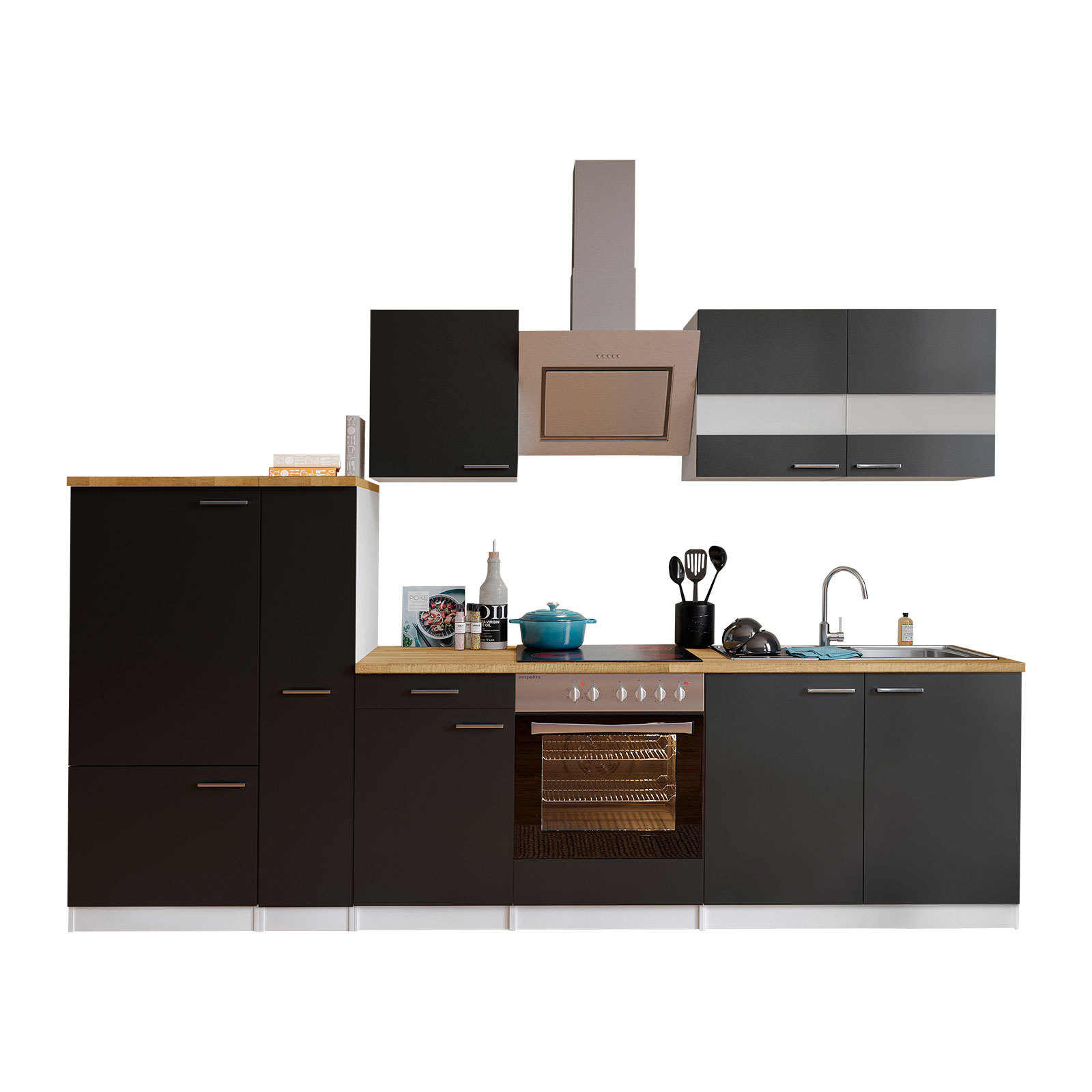 RESPEKTA Küchenblock - schwarz-weiß - mit E-Geräten - 300 cm