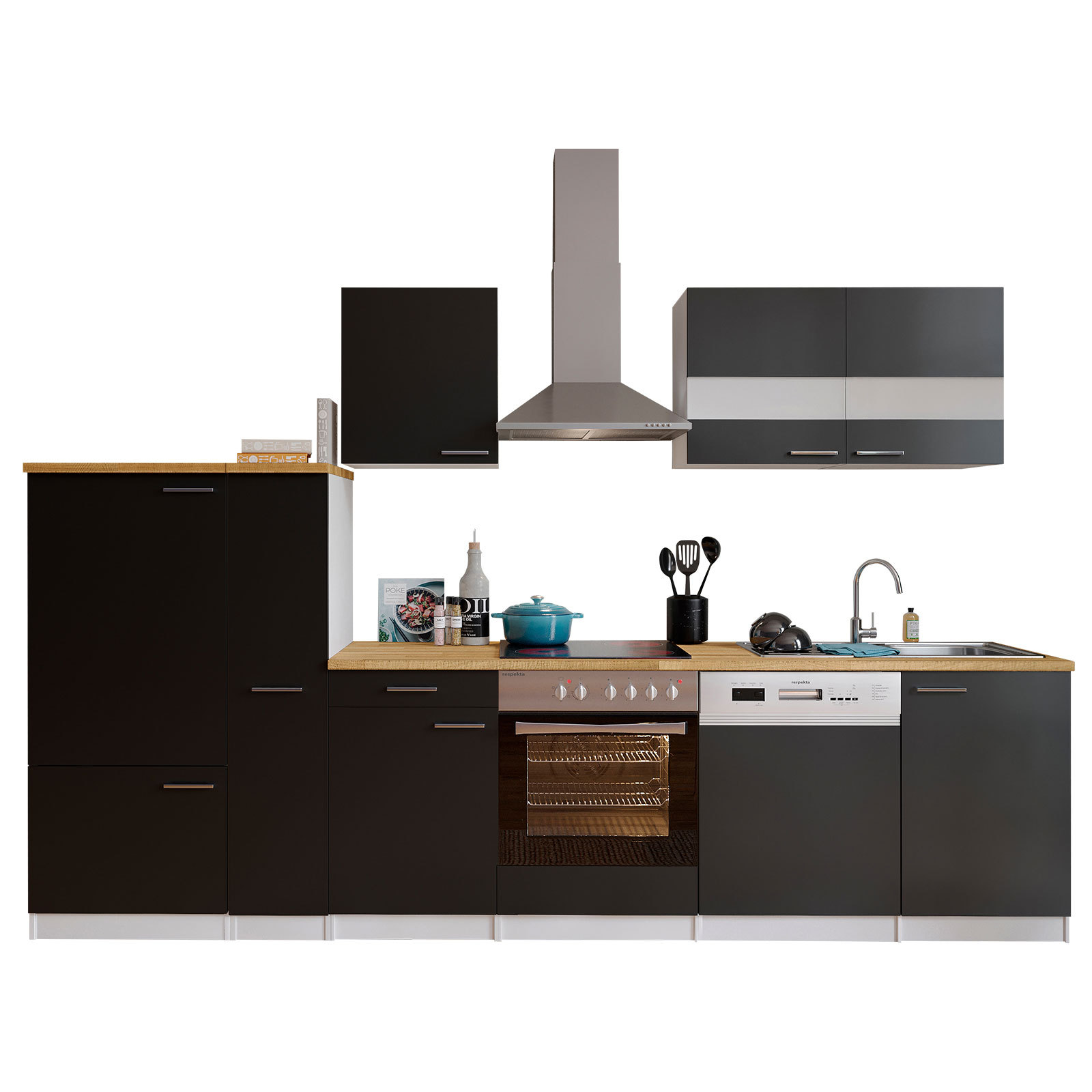 RESPEKTA Küchenblock - schwarz-weiß - mit E-Geräten - 310 cm