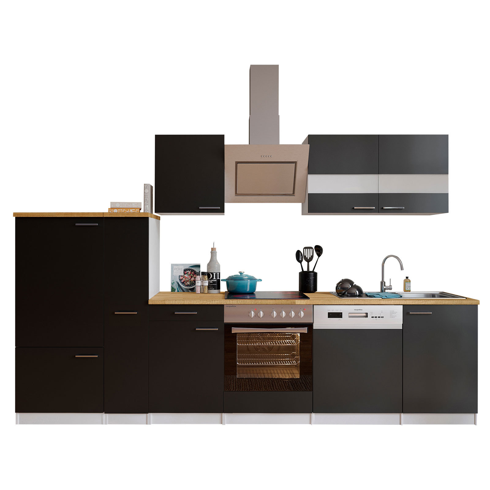 RESPEKTA Küchenblock - schwarz-weiß - mit E-Geräten - 310 cm