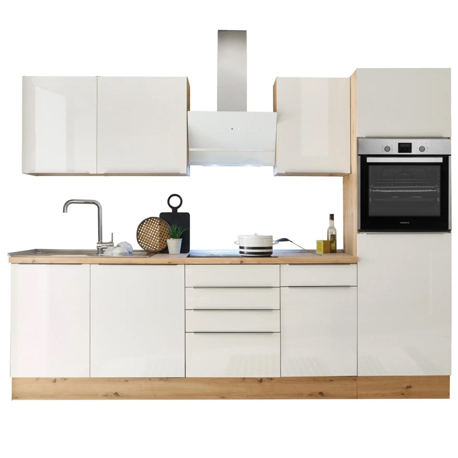 RESPEKTA Küchenblock - weiß Hochglanz-Artisan Eiche Sägerau - mit E-Geräten - 280 cm