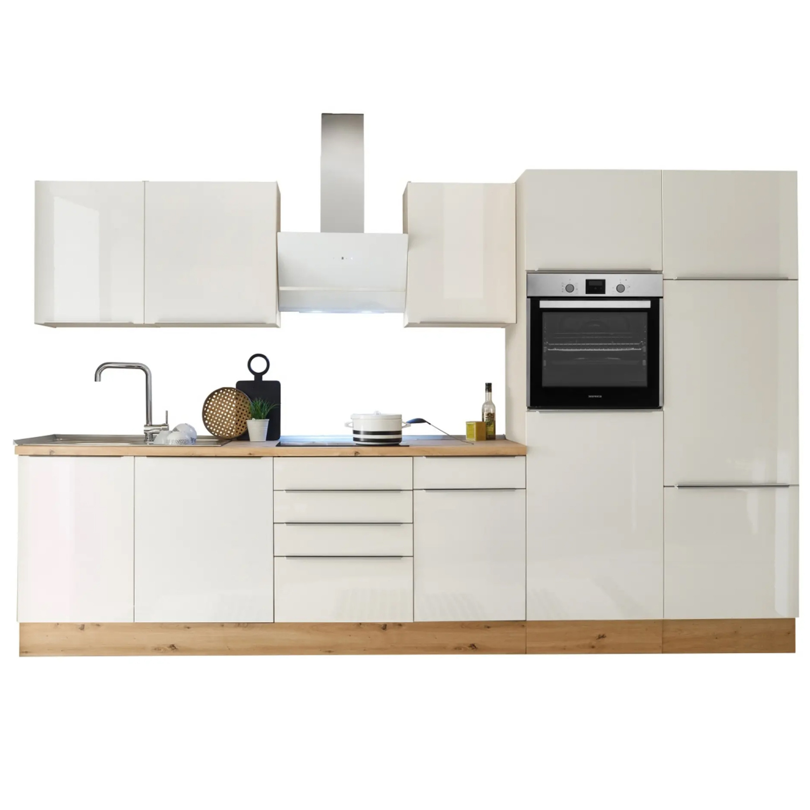 RESPEKTA Küchenblock - weiß Hochglanz-Artisan Eiche Sägerau - mit E-Geräten - 340 cm
