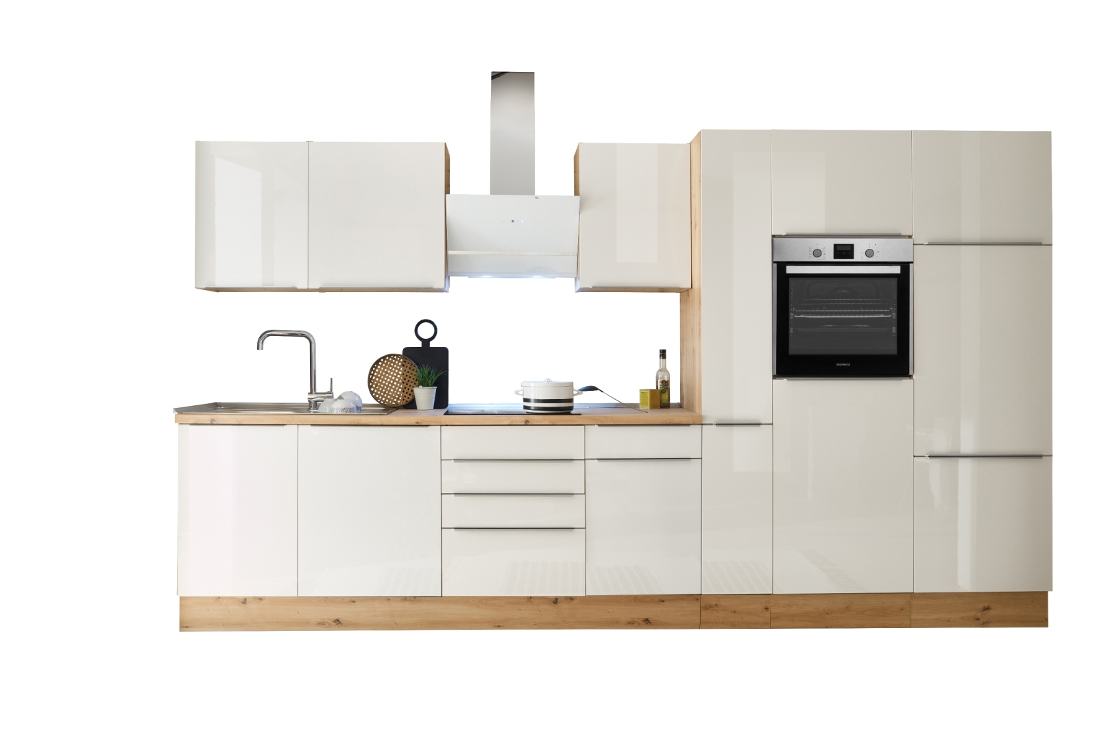 RESPEKTA Küchenblock - weiß Hochglanz-Artisan Eiche Sägerau - mit E-Geräten - 370 cm