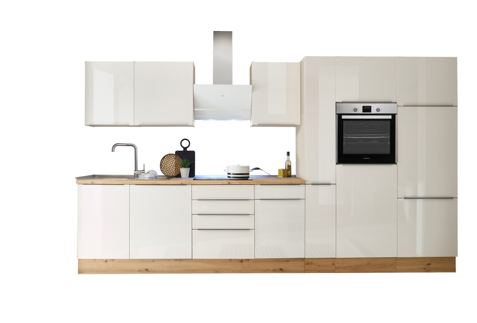 RESPEKTA Küchenblock - weiß Hochglanz-Artisan Eiche Sägerau - mit E-Geräten - 370 cm