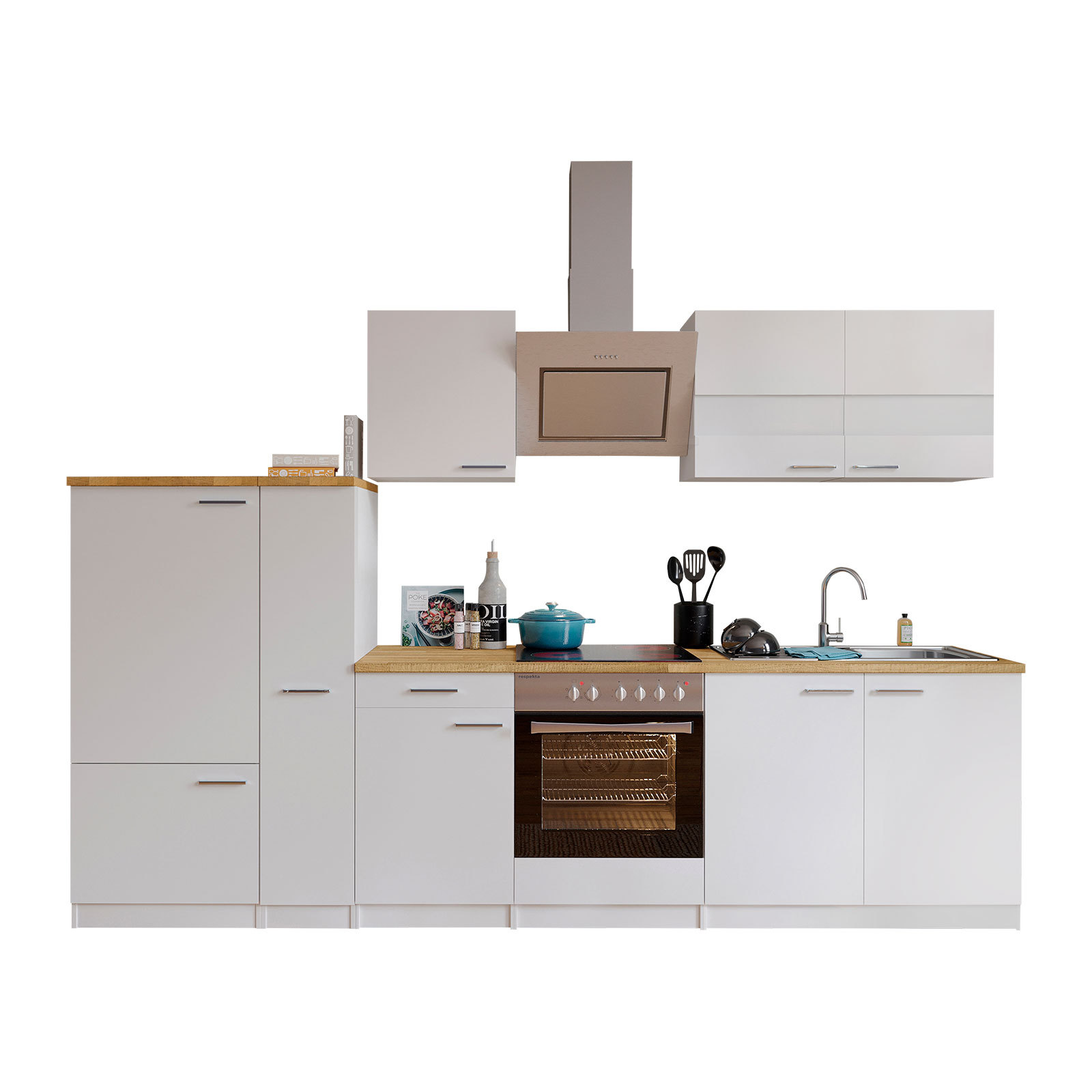 RESPEKTA Küchenblock - weiß - mit E-Geräten - 300 cm