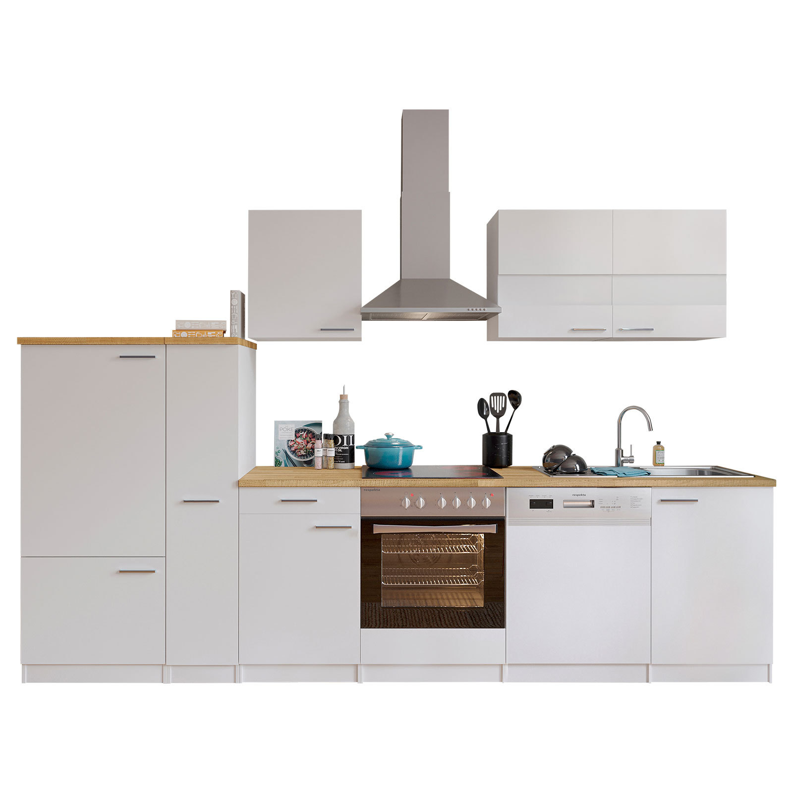 RESPEKTA Küchenblock - weiß - mit E-Geräten - 310 cm