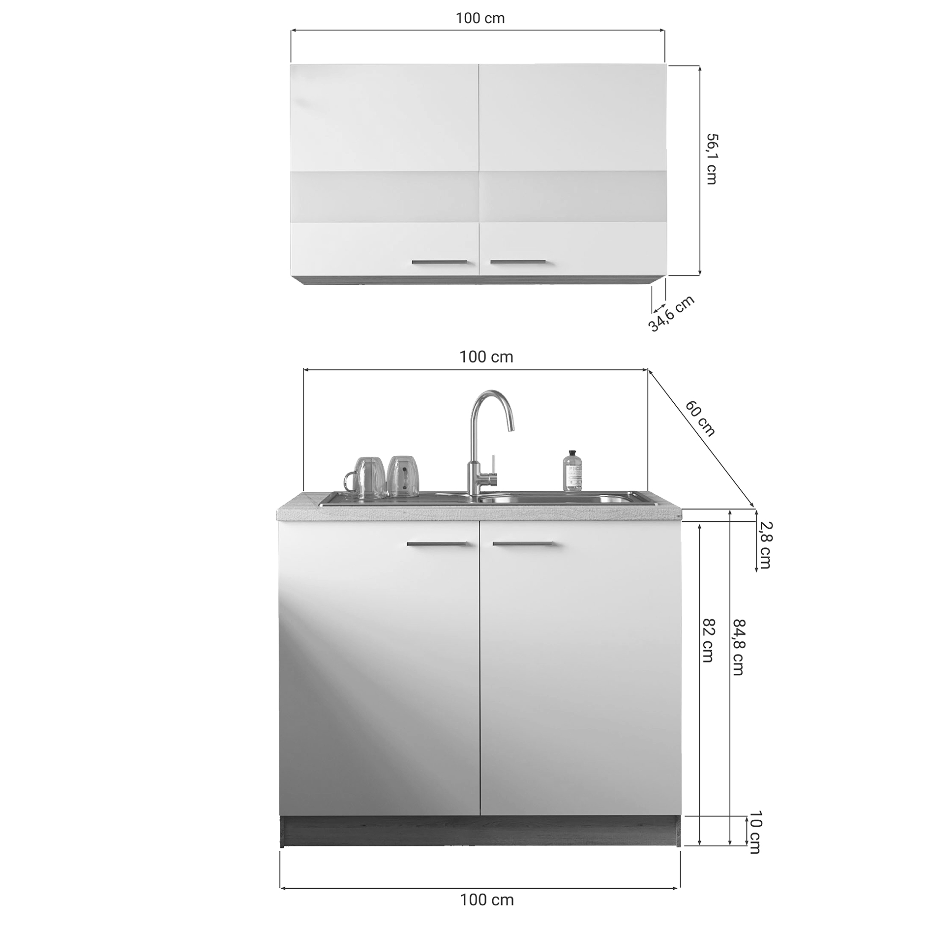 RESPEKTA Küchenmöbel-Set 1 - weiß matt - Eiche sägerau - mit Spüle - 100 cm