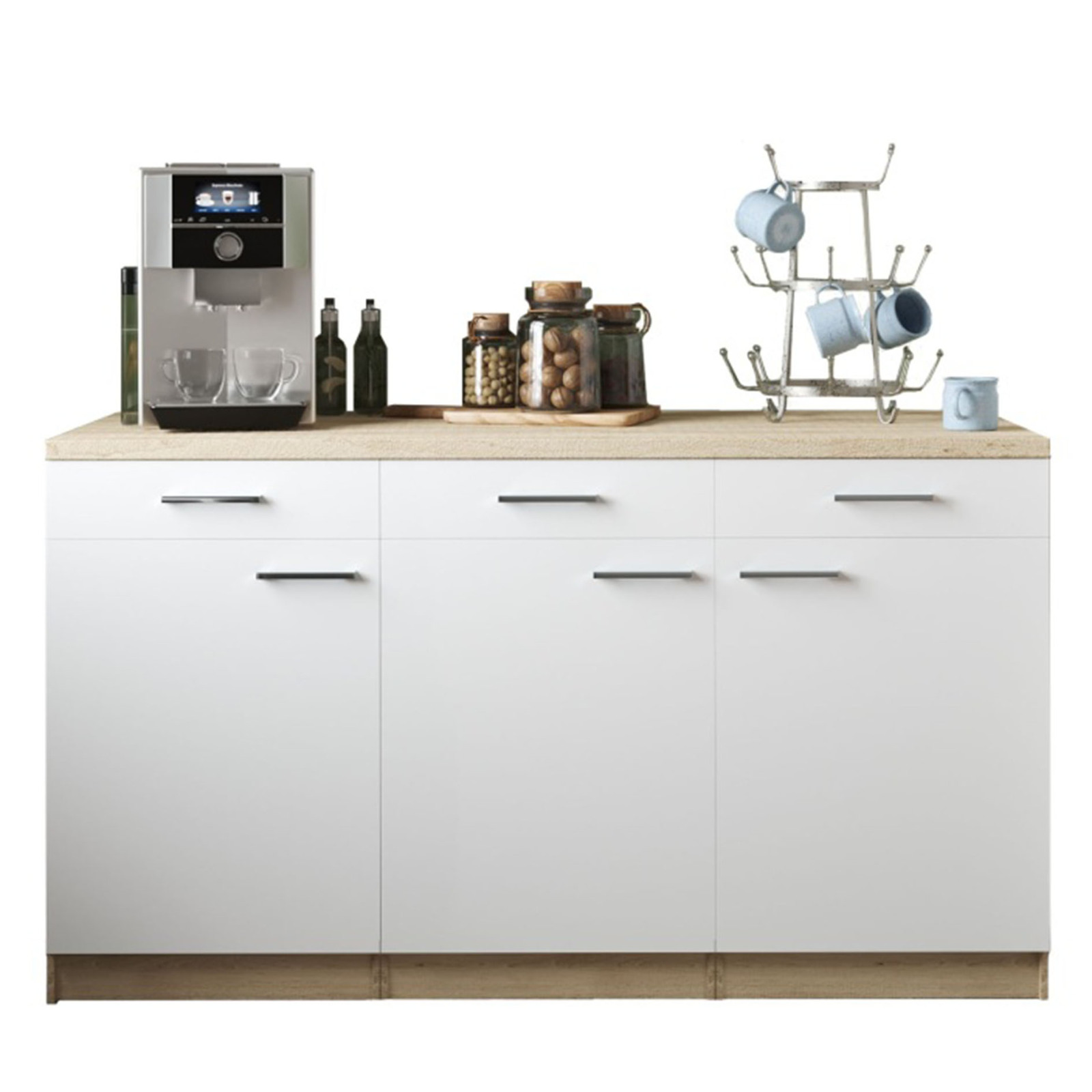 RESPEKTA Küchenmöbel-Set 13 - weiß matt - Eiche sägerau - 3 Unterschränke - 150 cm