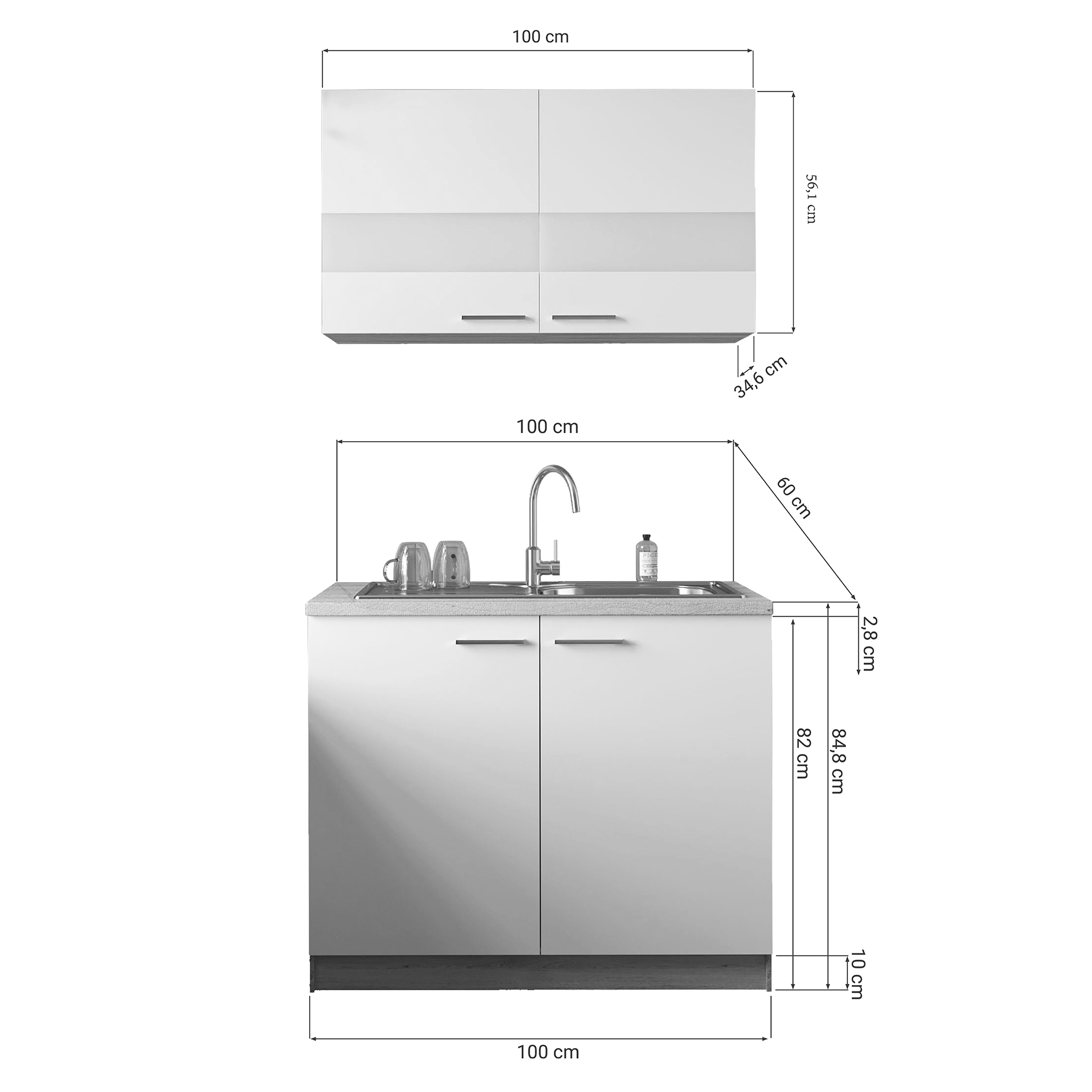 RESPEKTA Küchenmöbel-Set 2 - grau matt - Eiche sägerau - mit Spüle - 100 cm