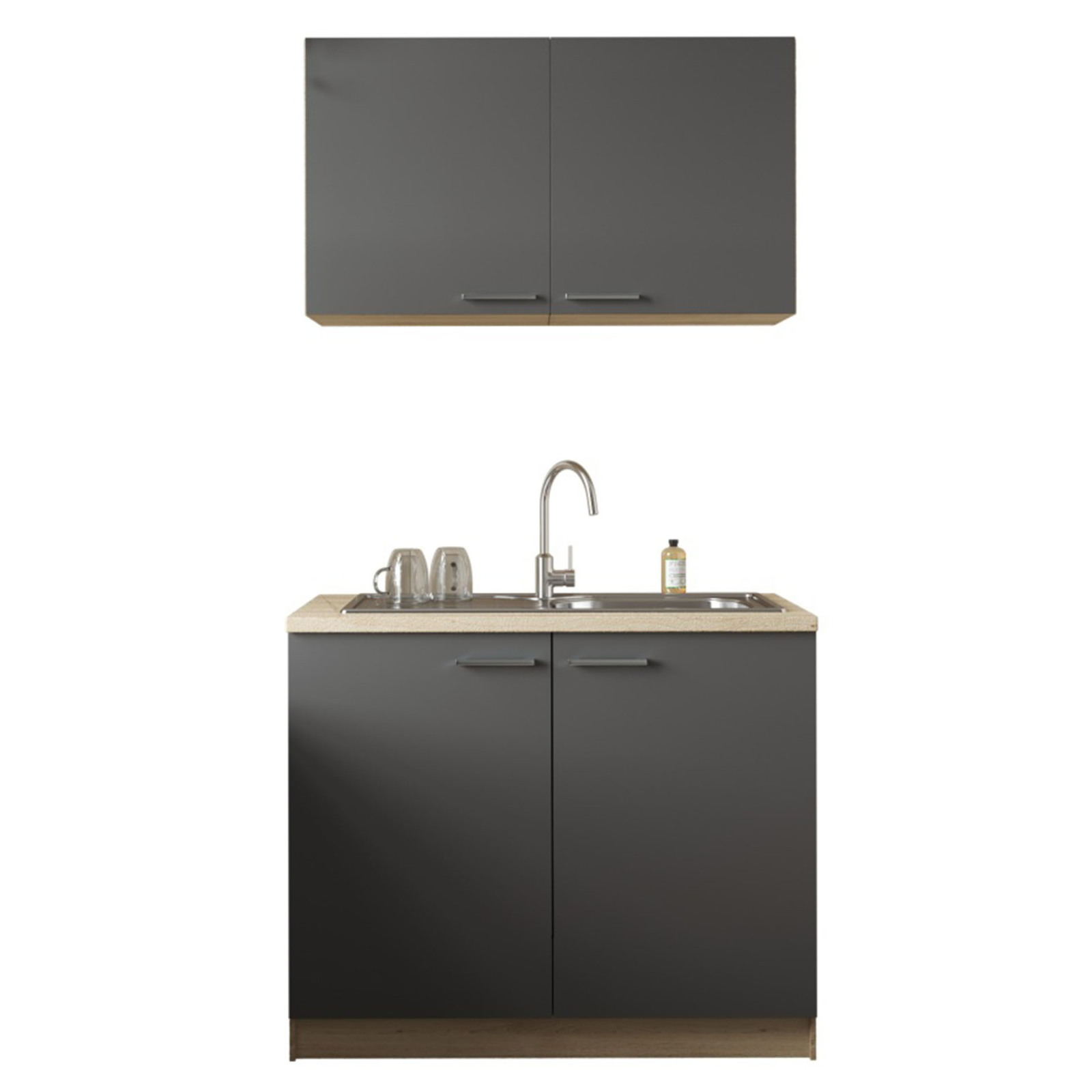 RESPEKTA Küchenmöbel-Set 2 - grau matt - Eiche sägerau - mit Spüle - 100 cm