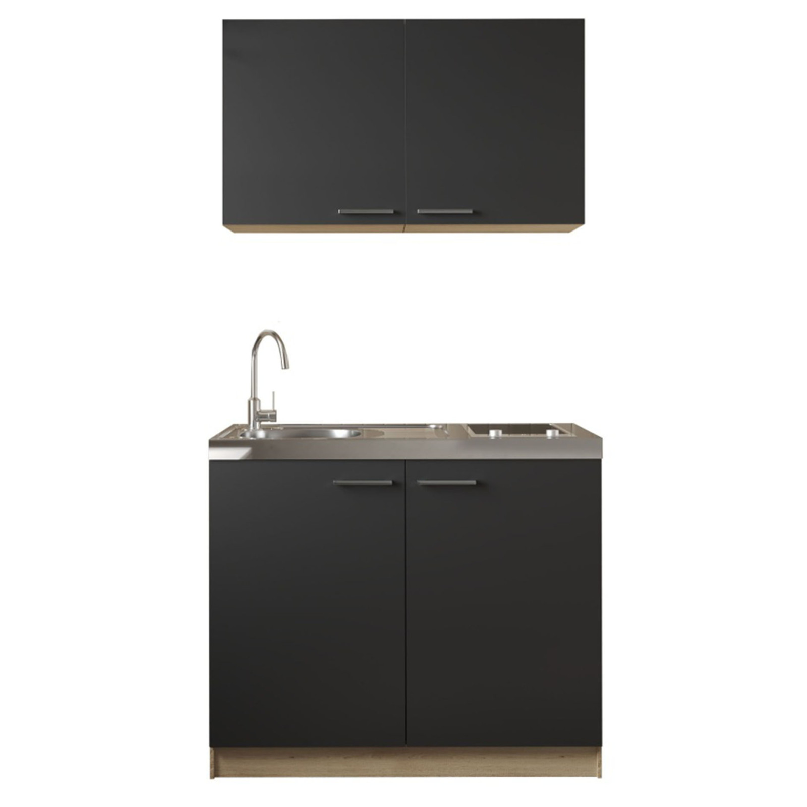 RESPEKTA Küchenmöbel-Set 4 - schwarz matt - Eiche sägerau - Glaskeramikkochfeld - 100 cm