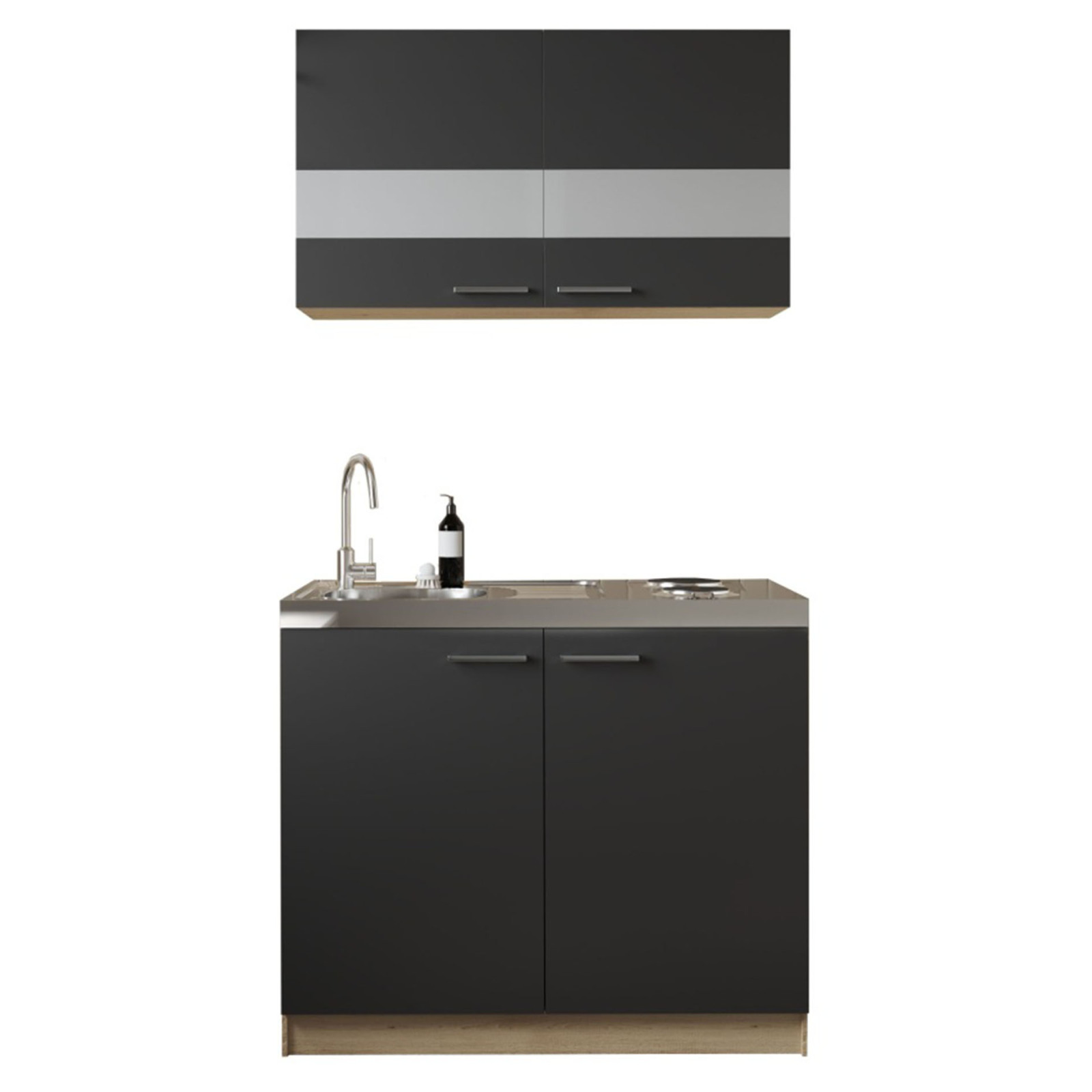 RESPEKTA Küchenmöbel-Set 5 - schwarz matt - Eiche sägerau - Edelstahlkochmulde - 100 cm