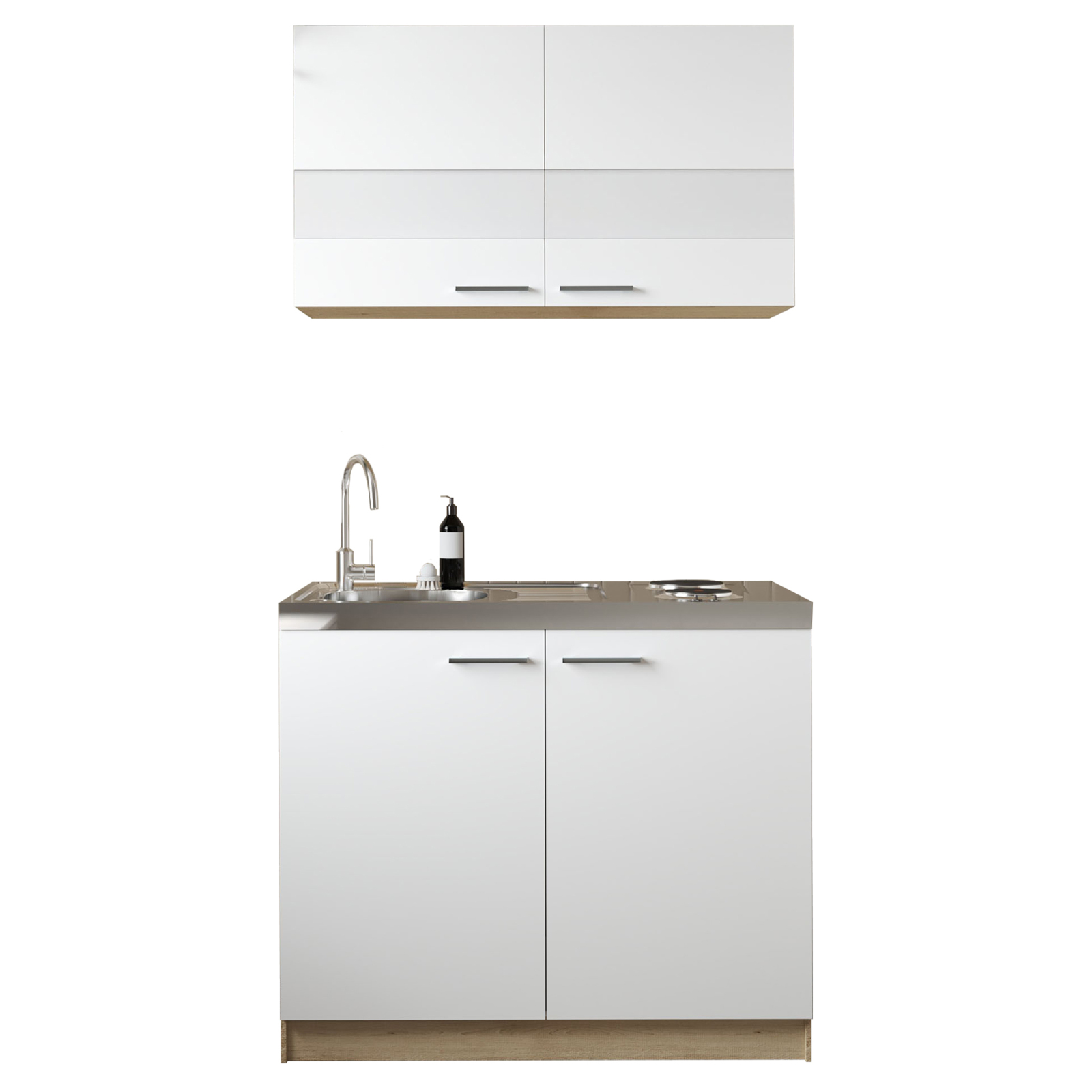 RESPEKTA Küchenmöbel-Set 5 - weiß matt - Eiche sägerau - Edelstahlkochmulde - 100 cm