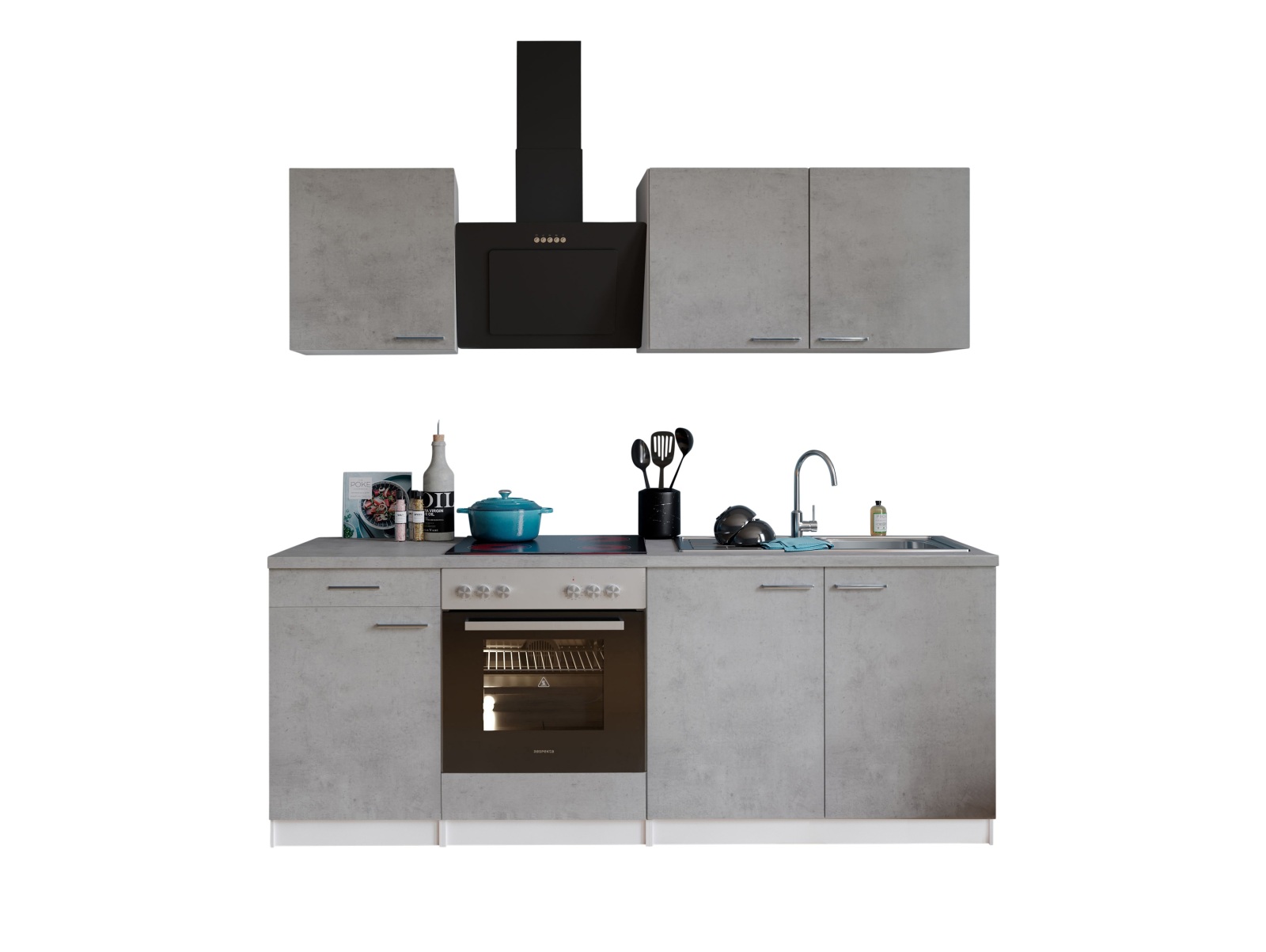 RESPEKTA Küchenzeile - Betonoptik - mit E-Geräten - 210 cm