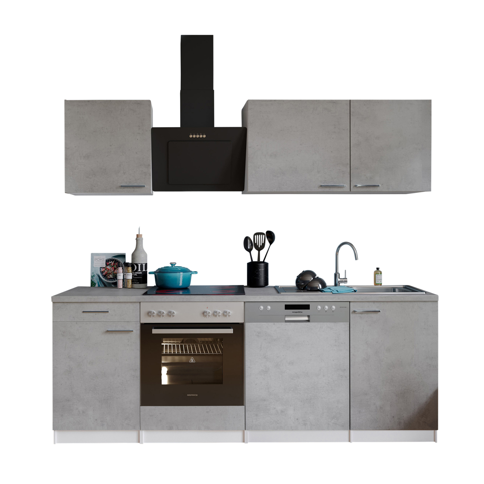 RESPEKTA Küchenzeile - Betonoptik - mit E-Geräten - 220 cm