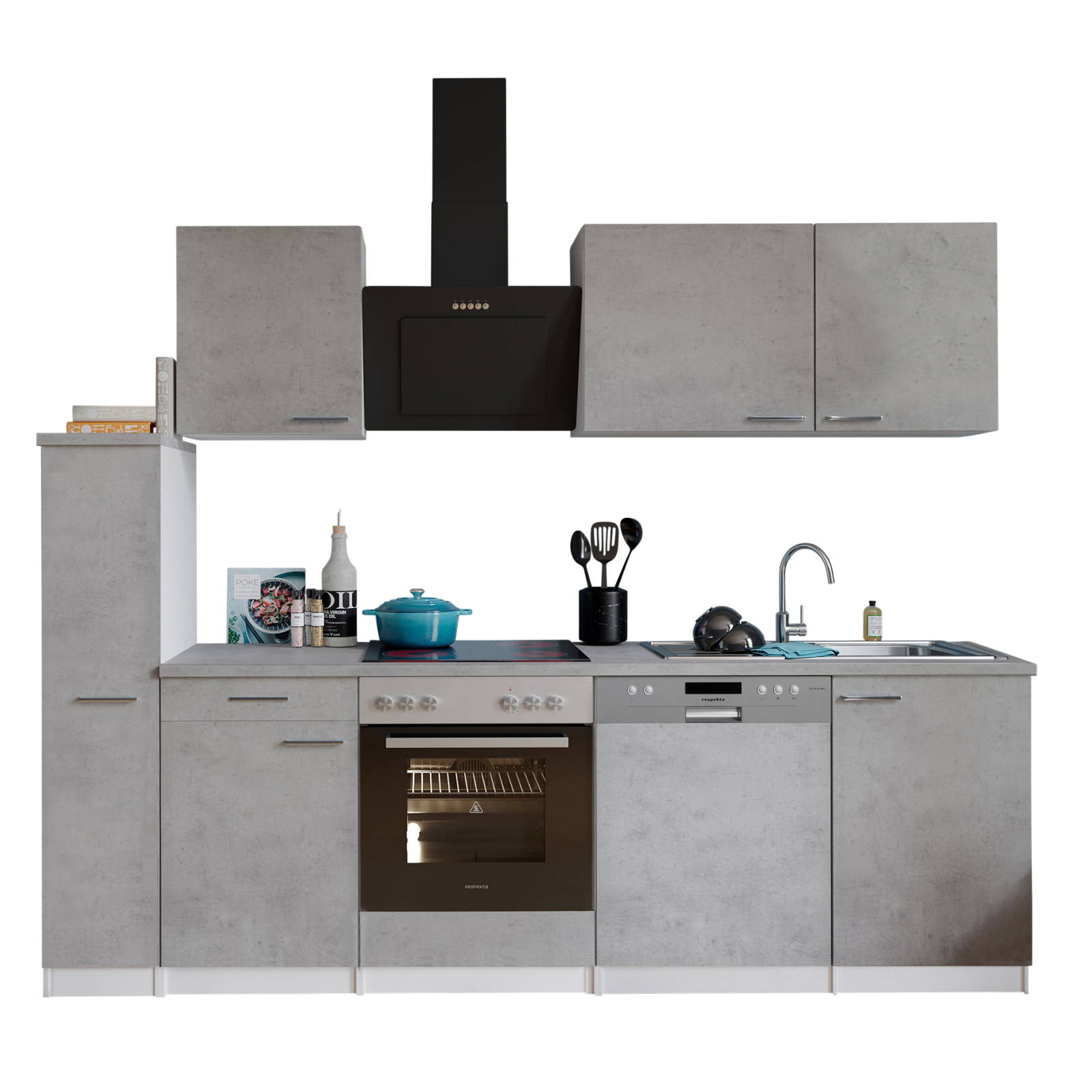 RESPEKTA Küchenzeile - Betonoptik - mit E-Geräten - 250 cm