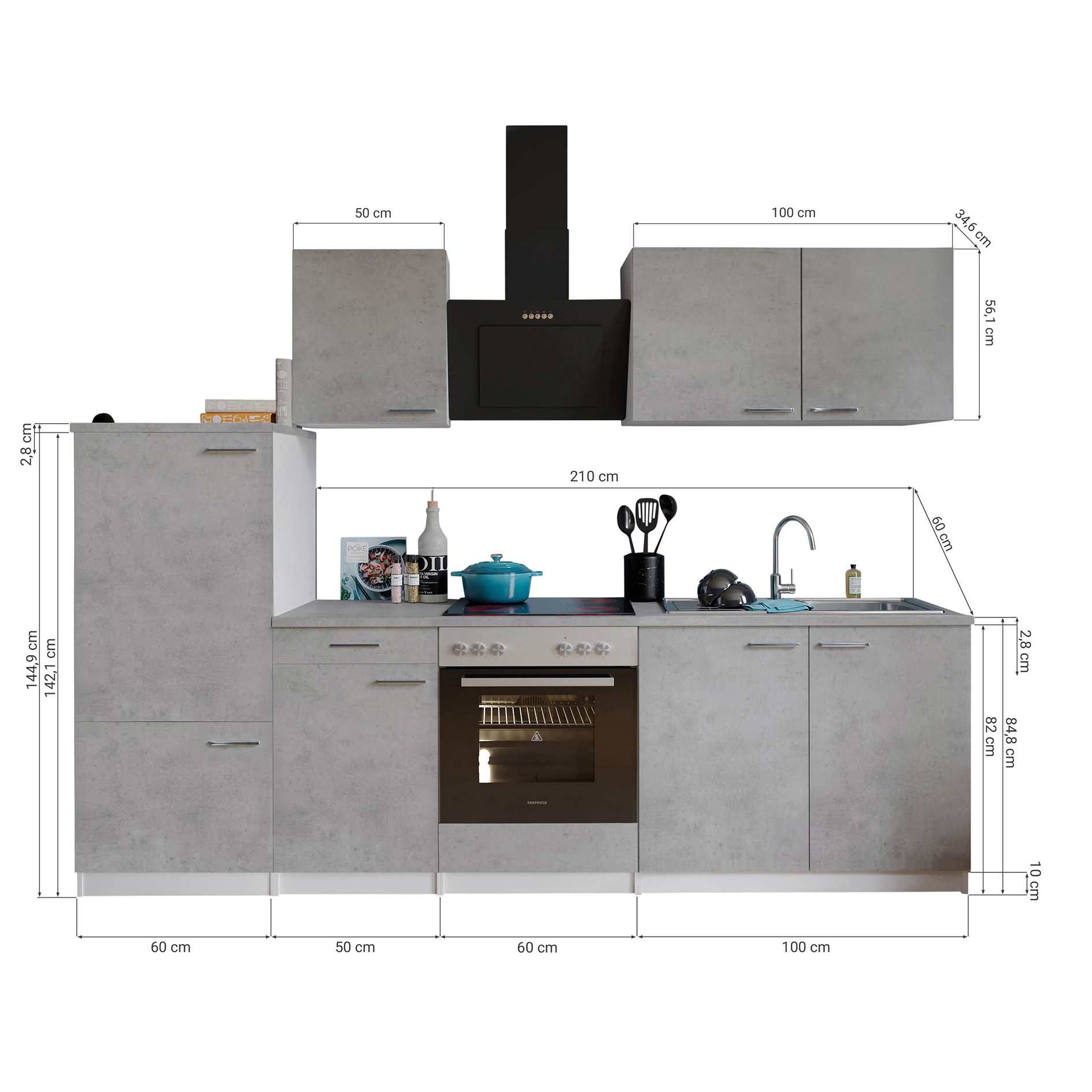 RESPEKTA Küchenzeile - Betonoptik - mit E-Geräten - 270 cm 