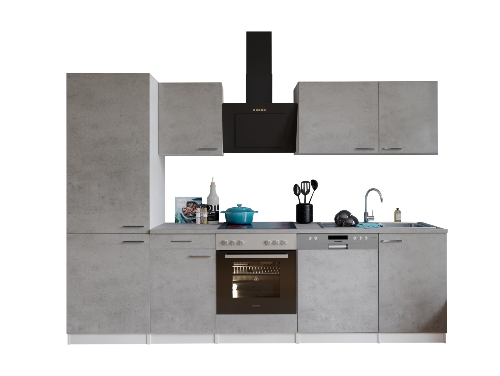 RESPEKTA Küchenzeile - Betonoptik - mit E-Geräten - 280 cm