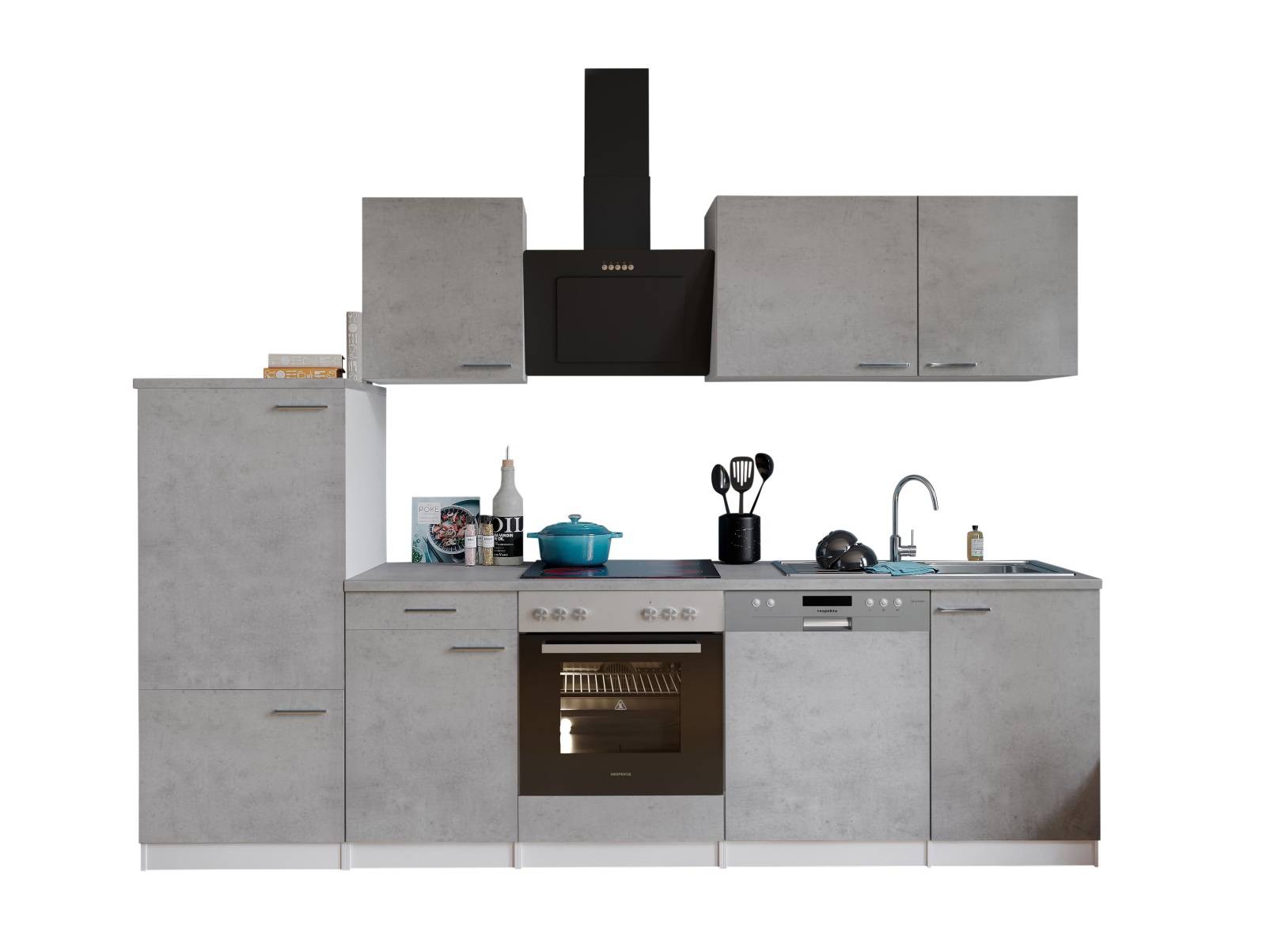 RESPEKTA Küchenzeile - Betonoptik - mit E-Geräten - 280 cm