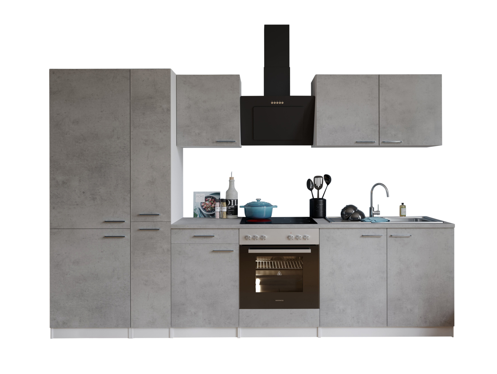RESPEKTA Küchenzeile - Betonoptik - mit E-Geräten - 300 cm