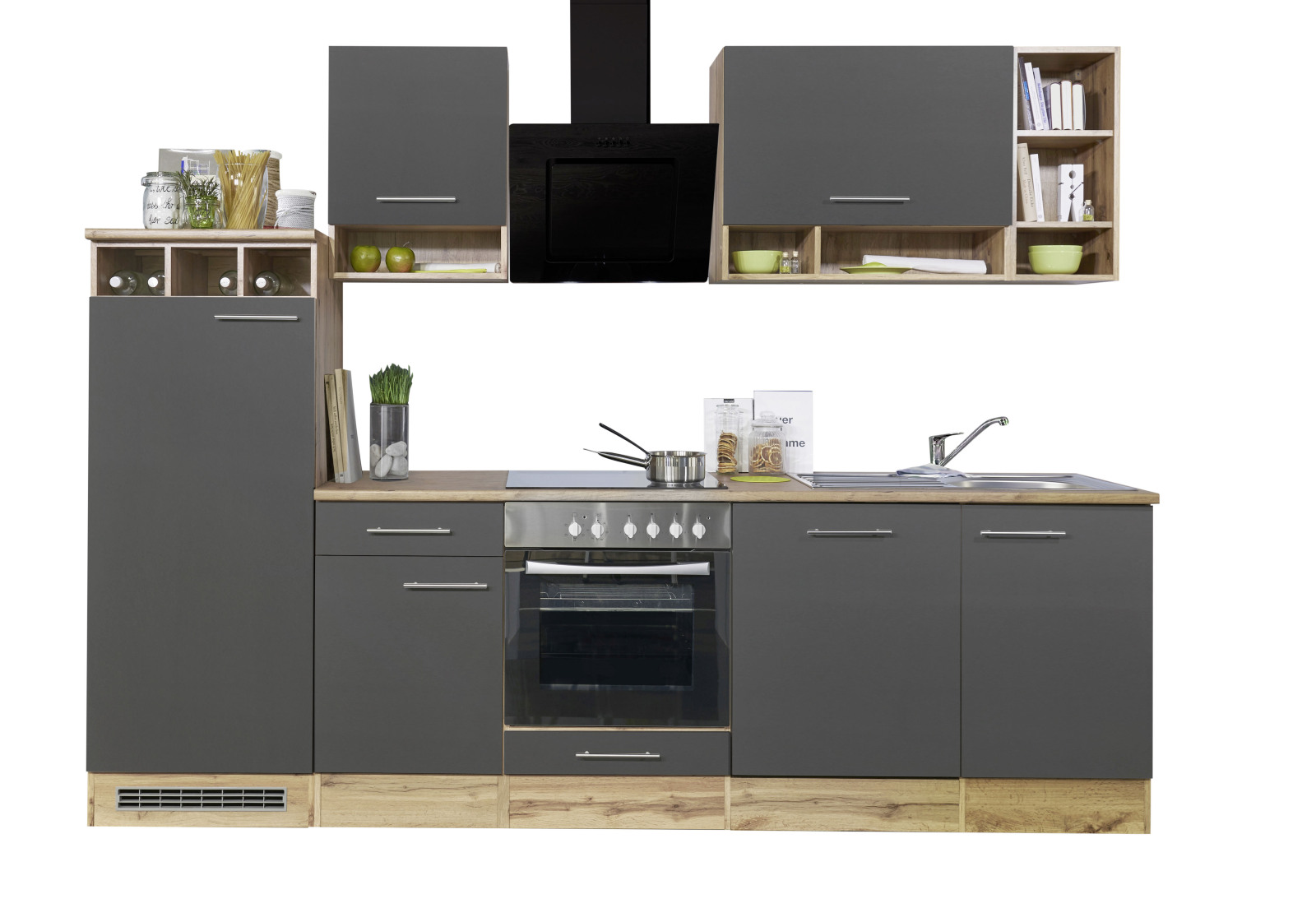 RESPEKTA Küchenzeile - grau - Wildeiche - mit E-Geräten - 280 cm