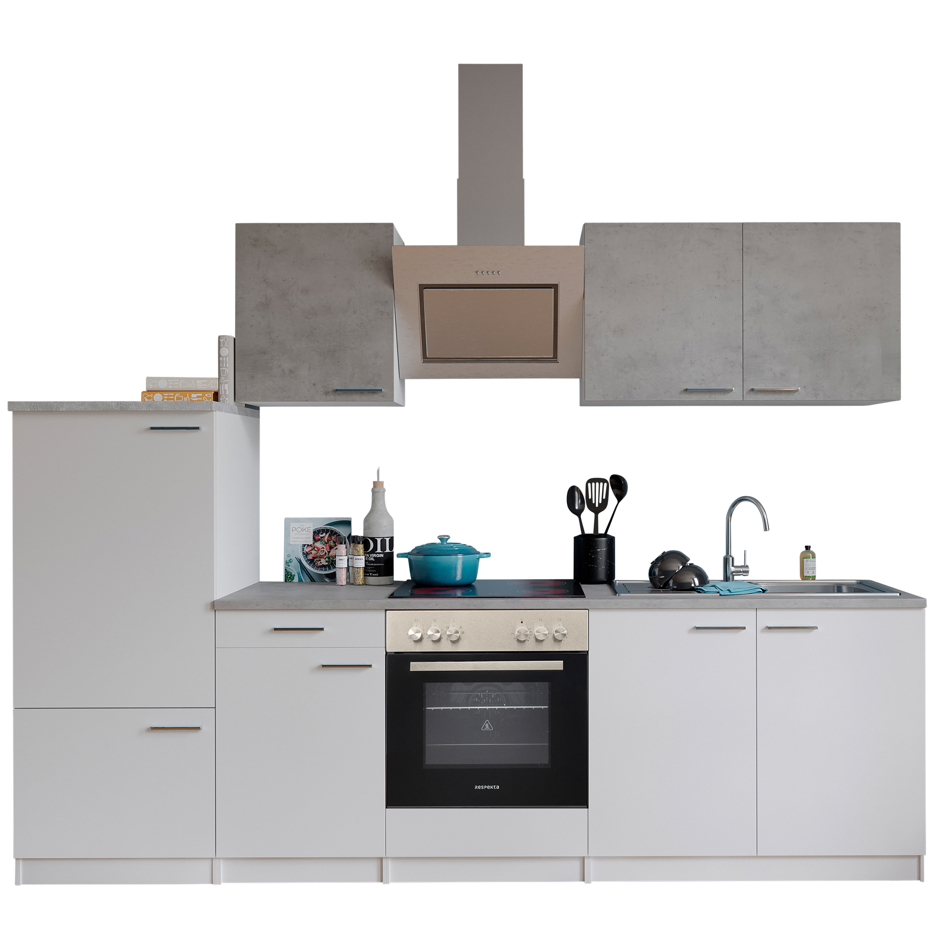 RESPEKTA Küchenzeile MALIA - weiß - Betonoptik - mit E-Geräten - 270 cm
