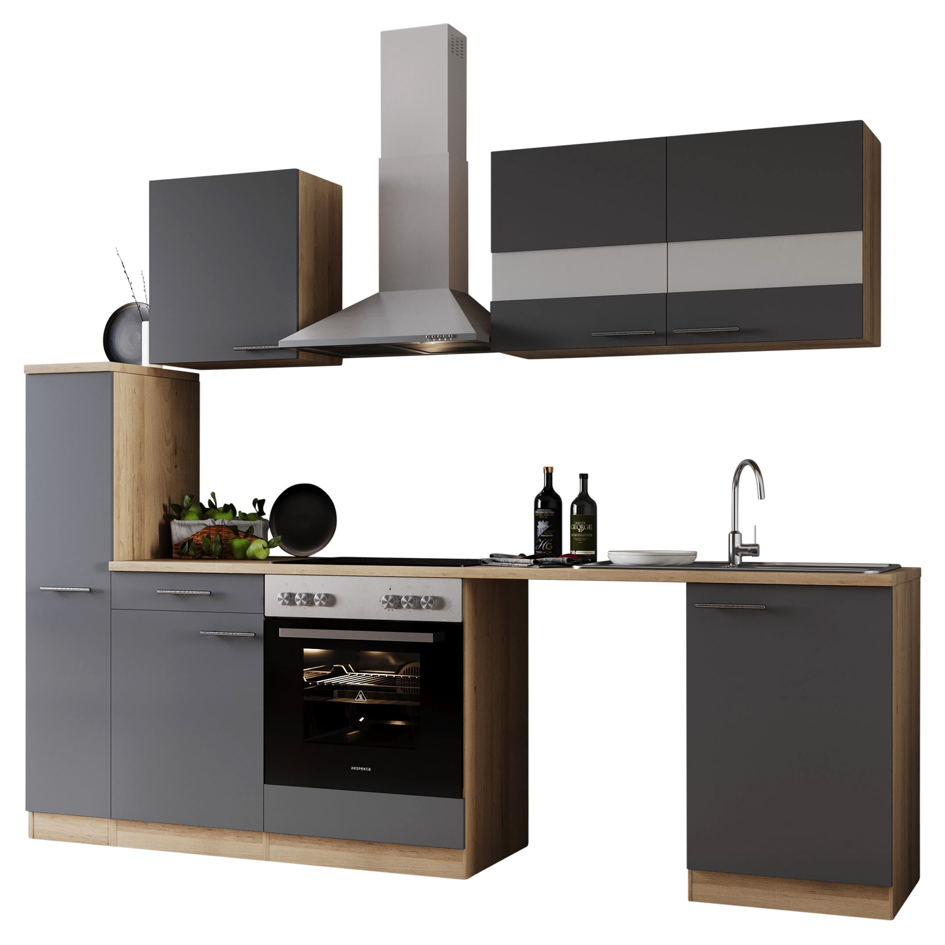 Cucina Angolare Respekta Merle 280 Cm, Rovere Sonoma Seghettato/Antracite, Con Elettrodomestici Da Incasso: Frigo, Forno, Piano Vetroceramico, Cappa, Lavello, Cerniere Soft Close