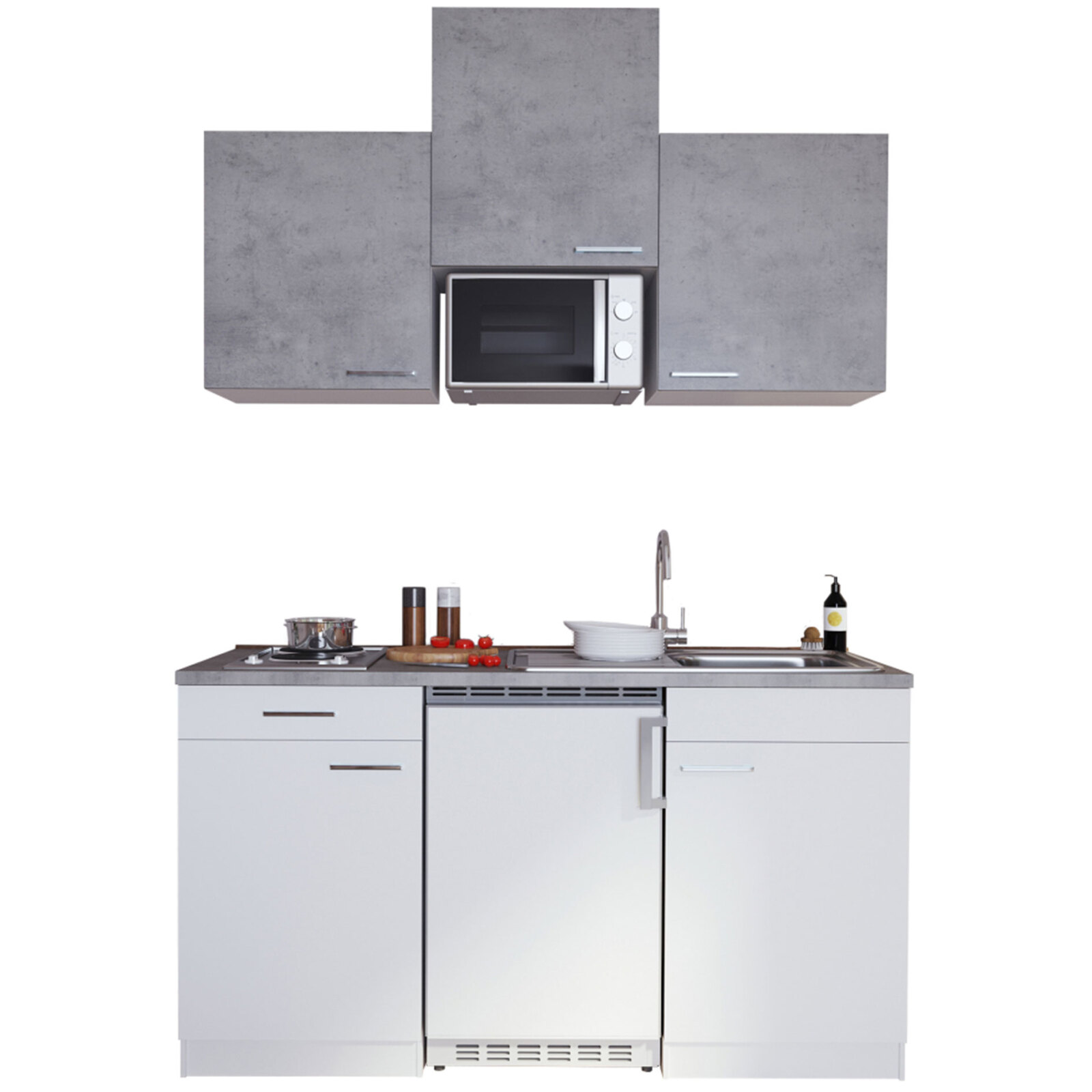 RESPEKTA Küchenzeile - weiß - Beton - mit E-Geräten - 150 cm