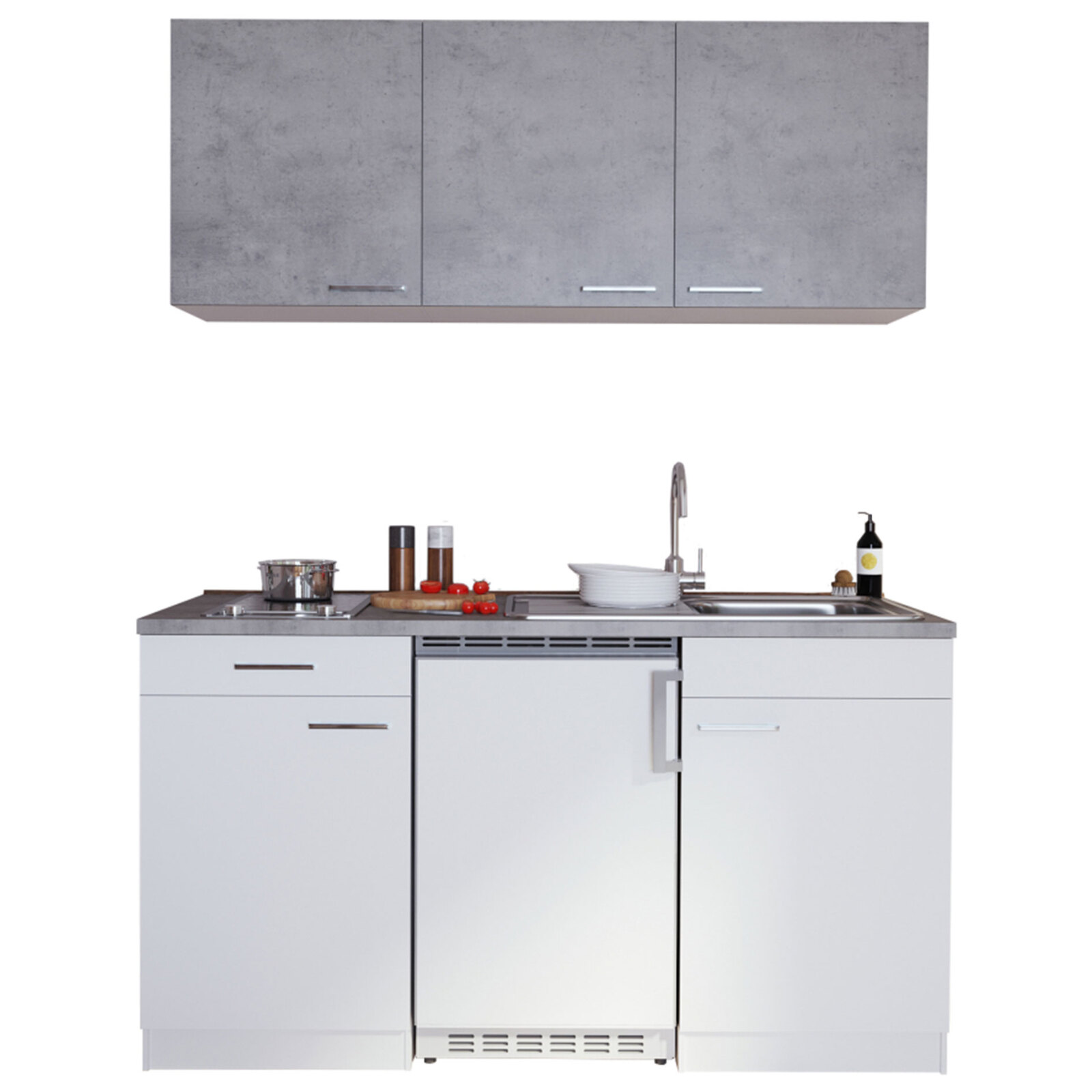 RESPEKTA Küchenzeile - weiß - Beton - mit E-Geräten - 150 cm