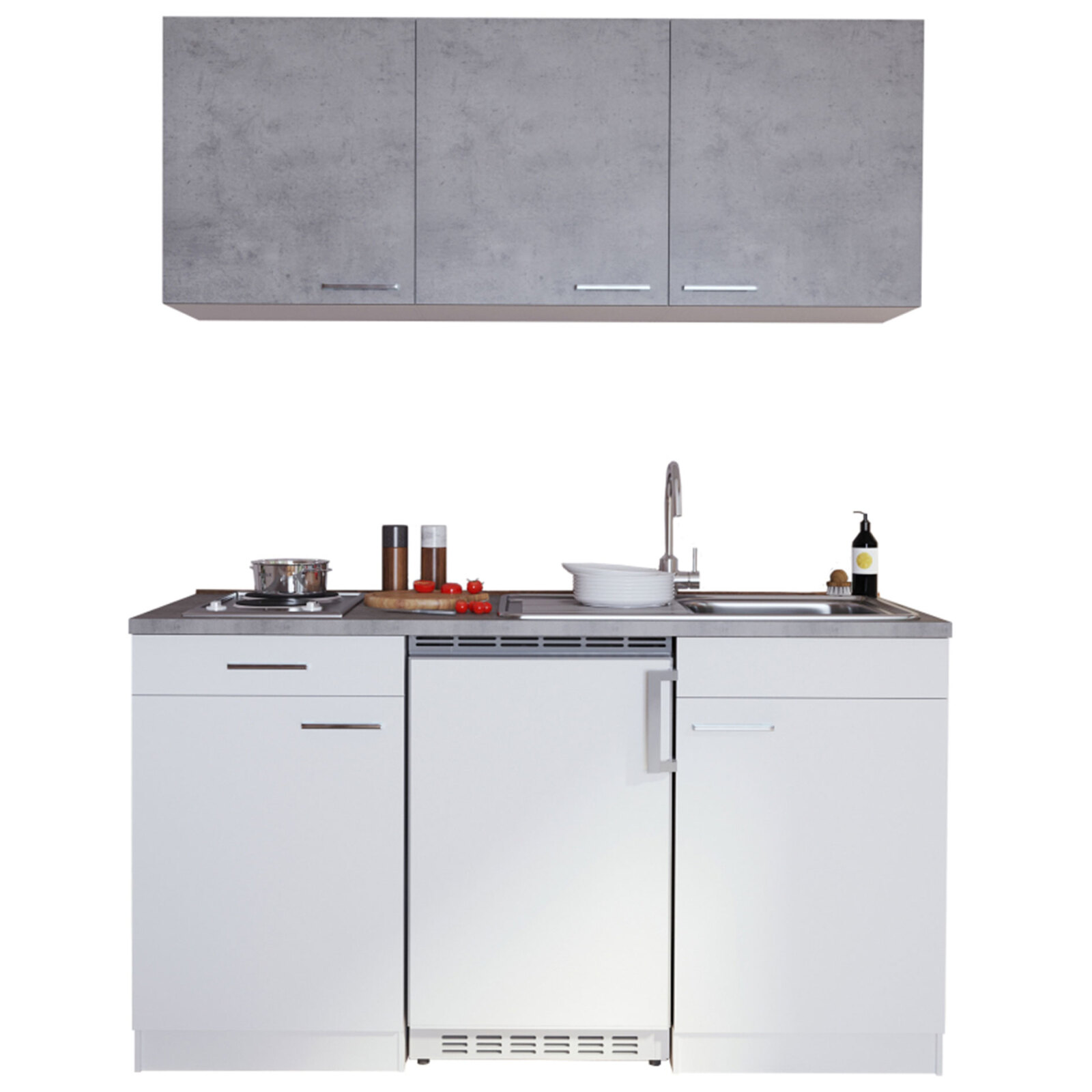 RESPEKTA Küchenzeile - weiß - Beton - mit E-Geräten - 150 cm