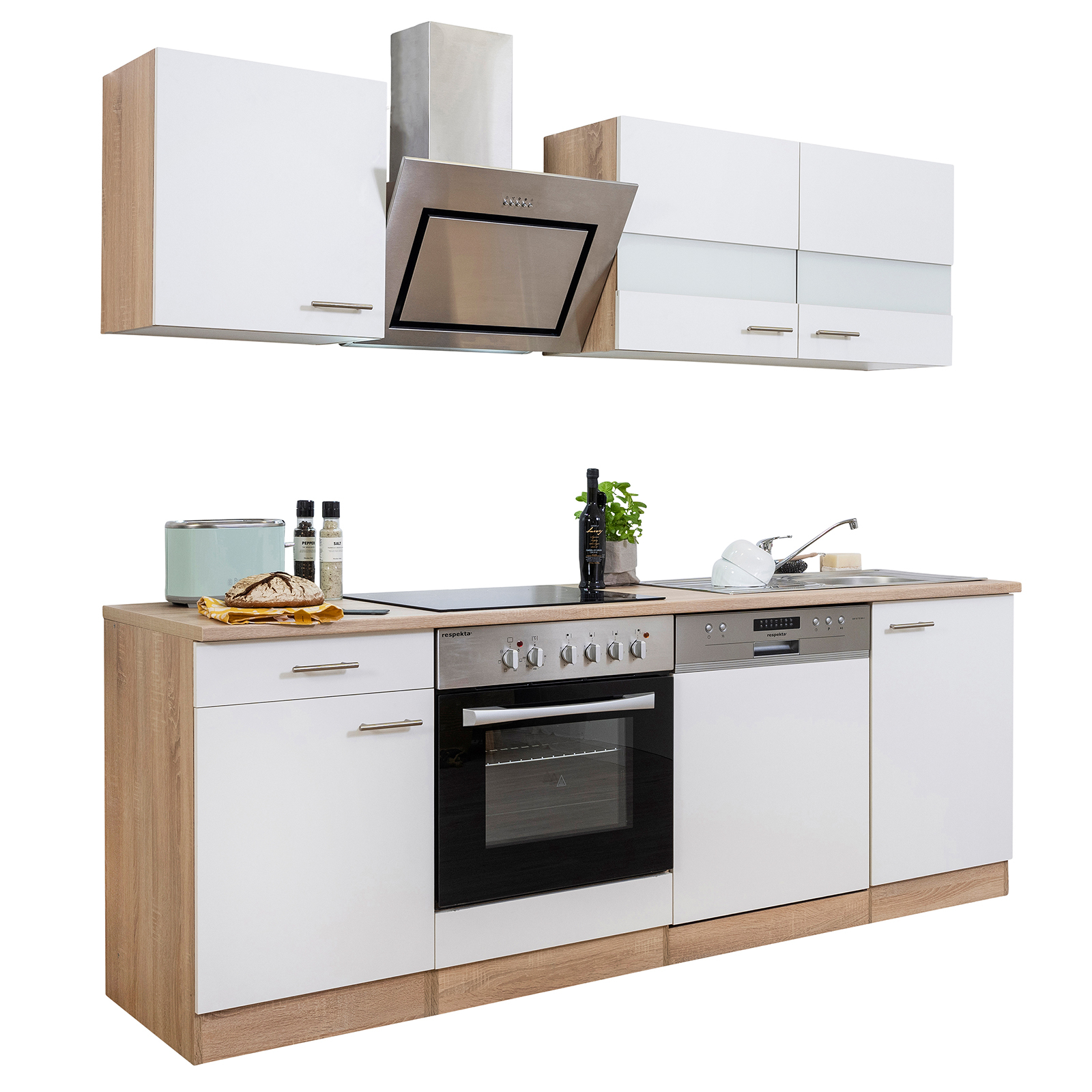 RESPEKTA Küchenzeile - weiß - Eiche sägerau - mit E-Geräten - 220 cm