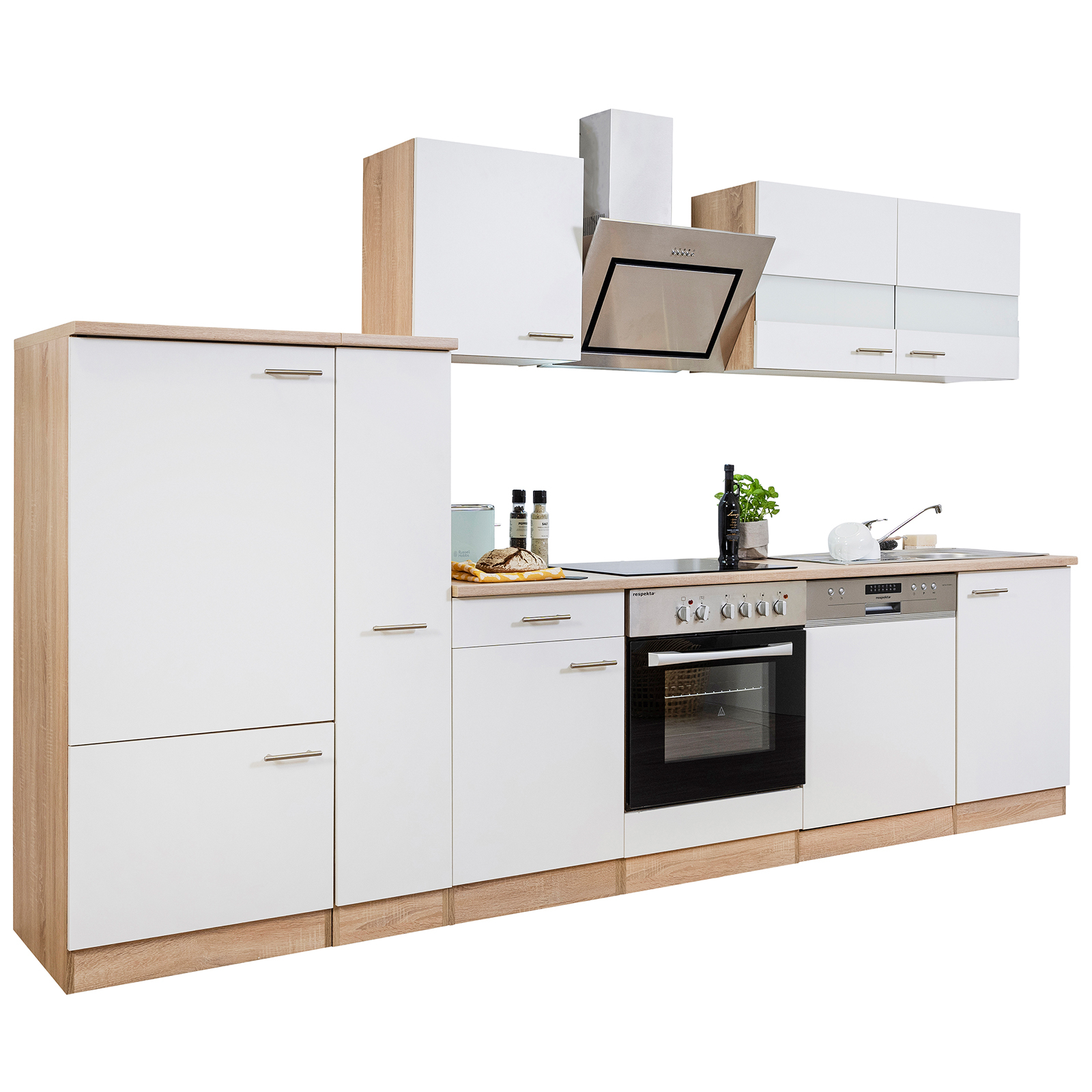 RESPEKTA Küchenzeile - weiß - Eiche sägerau - mit E-Geräten - 310 cm