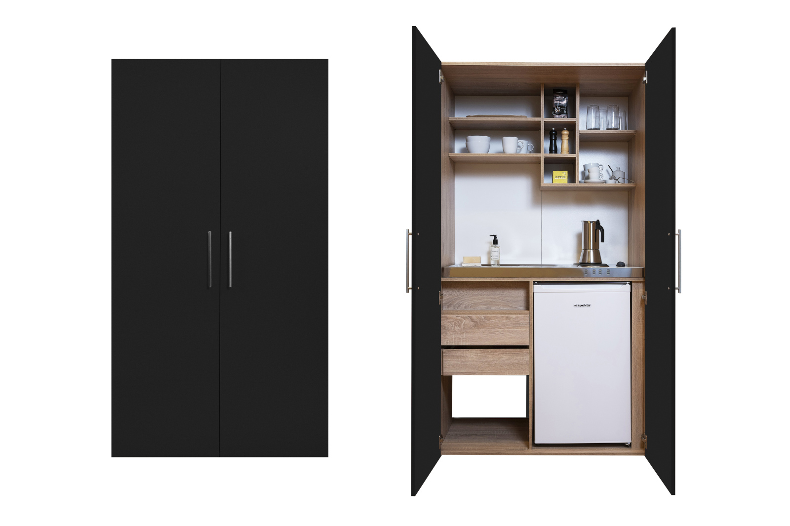 RESPEKTA Schrankküche - schwarz - Eiche sägerau - mit E-Geräten - 104 cm breit