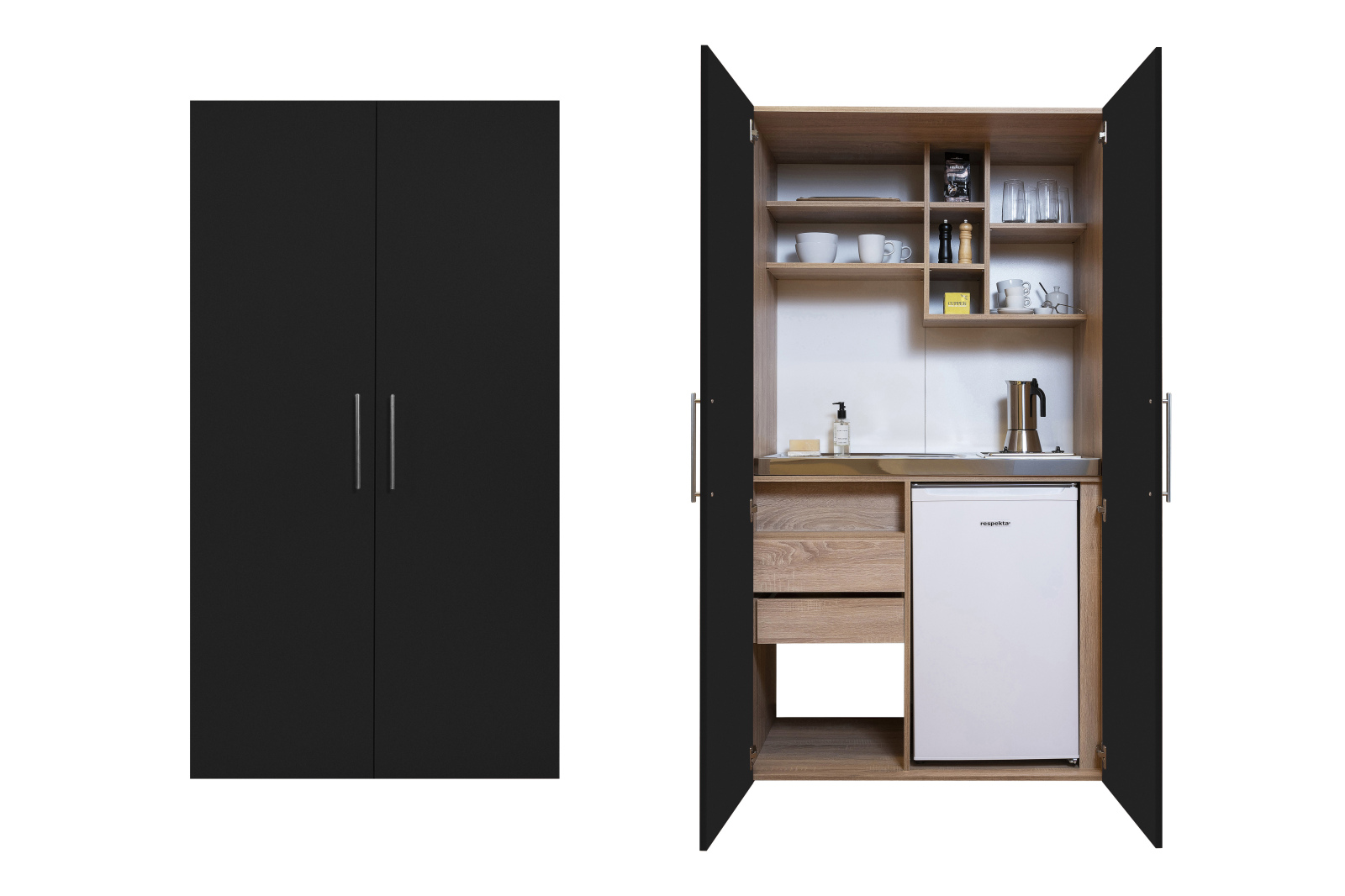 RESPEKTA Schrankküche - schwarz - Eiche sägerau - mit E-Geräten - 104 cm breit