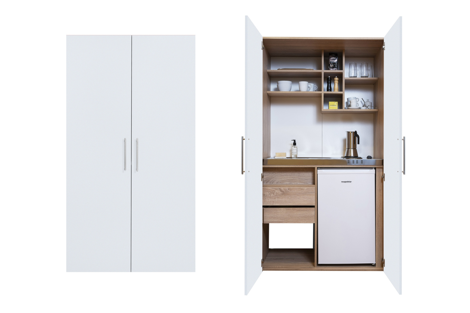 RESPEKTA Schrankküche - weiß - Eiche sägerau - mit E-Geräten - 104 cm breit