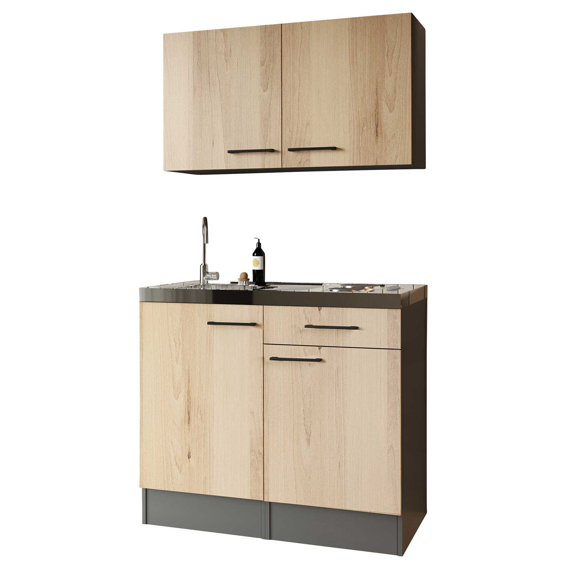 RESPEKTA Single-Küche OLIVER - Artisan Eiche - grau matt - Spüle - Edelstahlkochmulde - 100 cm