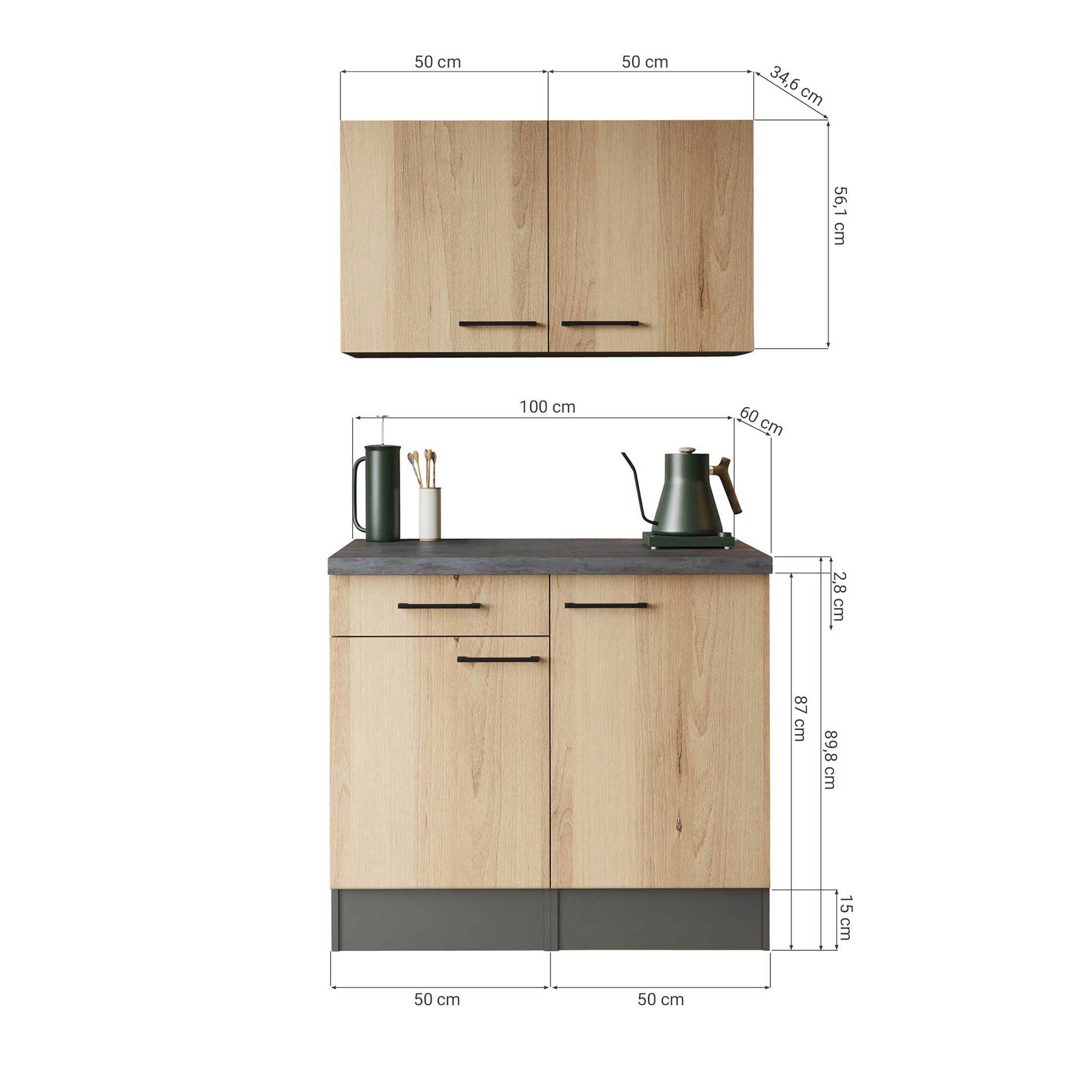 RESPEKTA Singleküche OLIVER - Artisan Eiche - grau matt - 100 cm